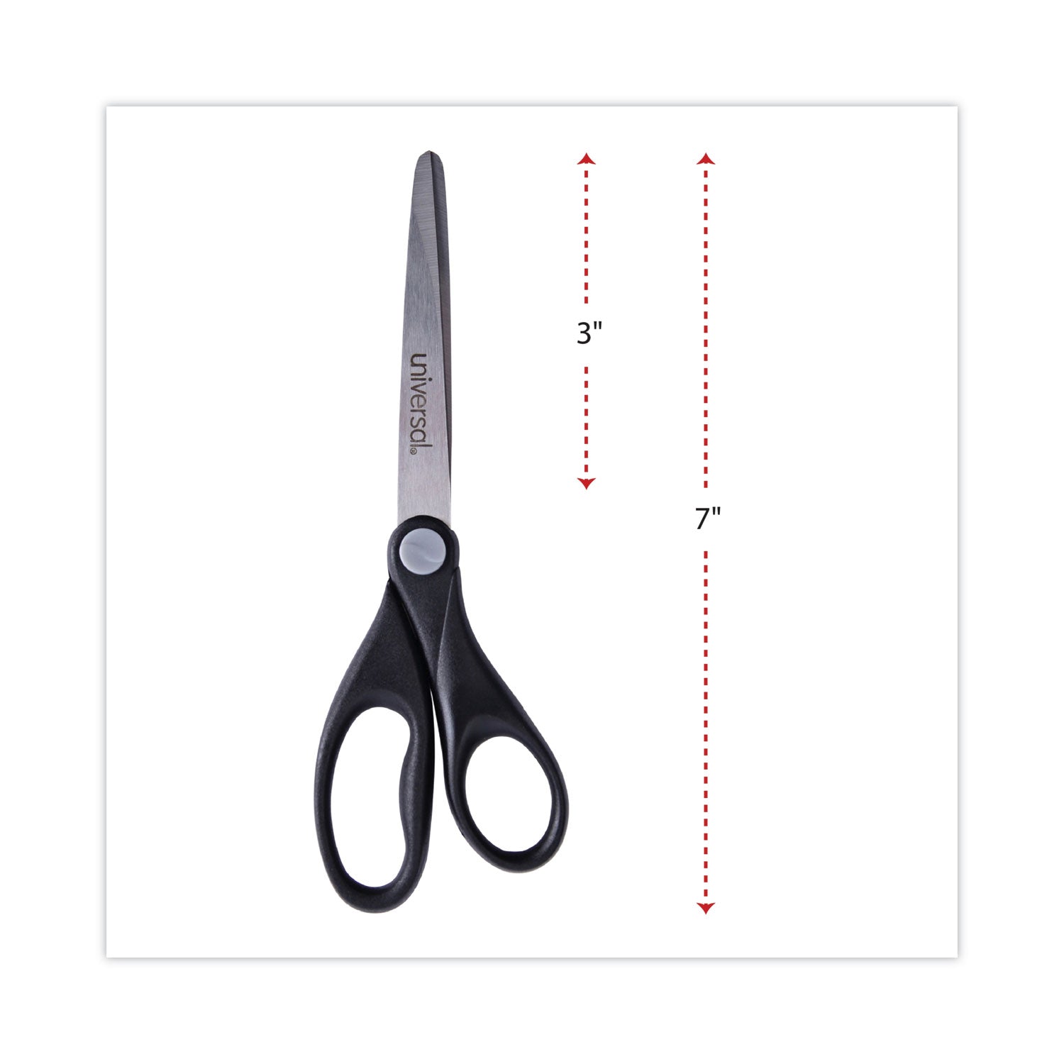 Universal® Stainless Steel Office Scissors, 7" Long, 3" Cut Length, Straight Black Handle