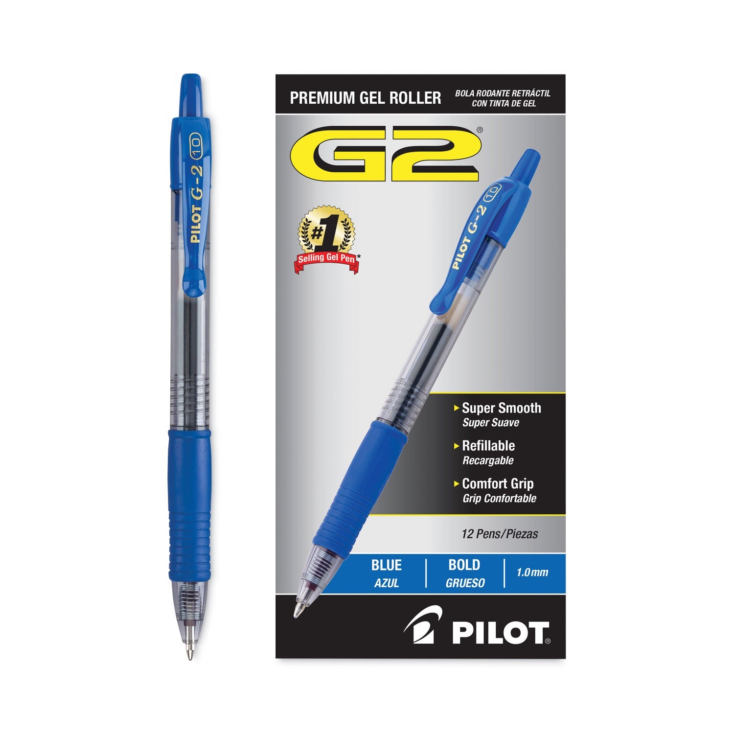 Pilot® G2 Premium Gel Pen, Retractable, Bold 1 mm, Blue Ink, Smoke/Blue Barrel, Dozen