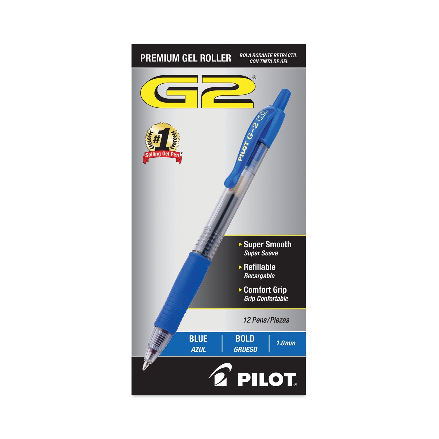 Pilot® G2 Premium Gel Pen, Retractable, Bold 1 mm, Blue Ink, Smoke/Blue Barrel, Dozen