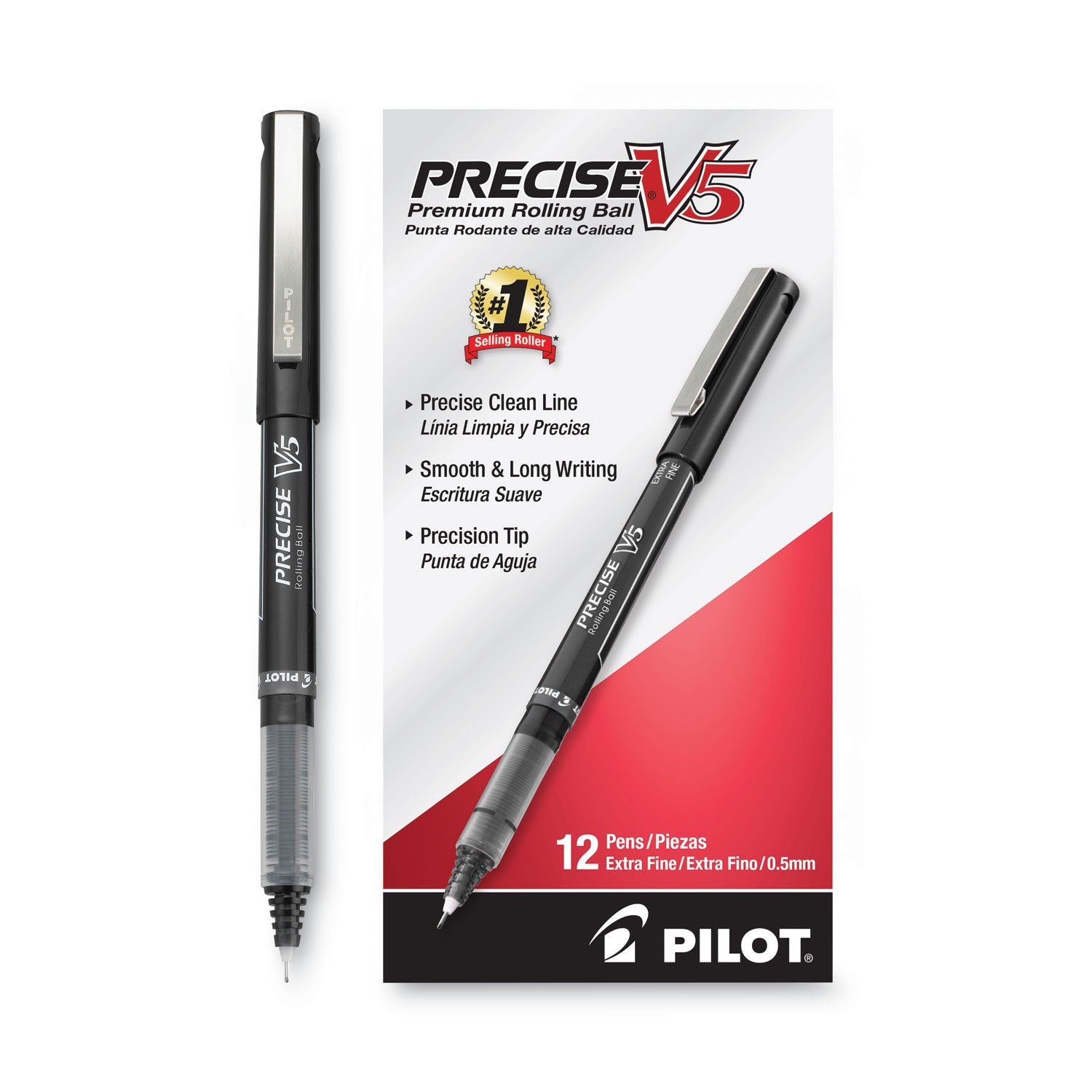 Pilot® Precise V5 Rollerball Pen, Stick, Extra-Fine 0.5 mm, Black Ink, Black/Clear Barrel, Dozen