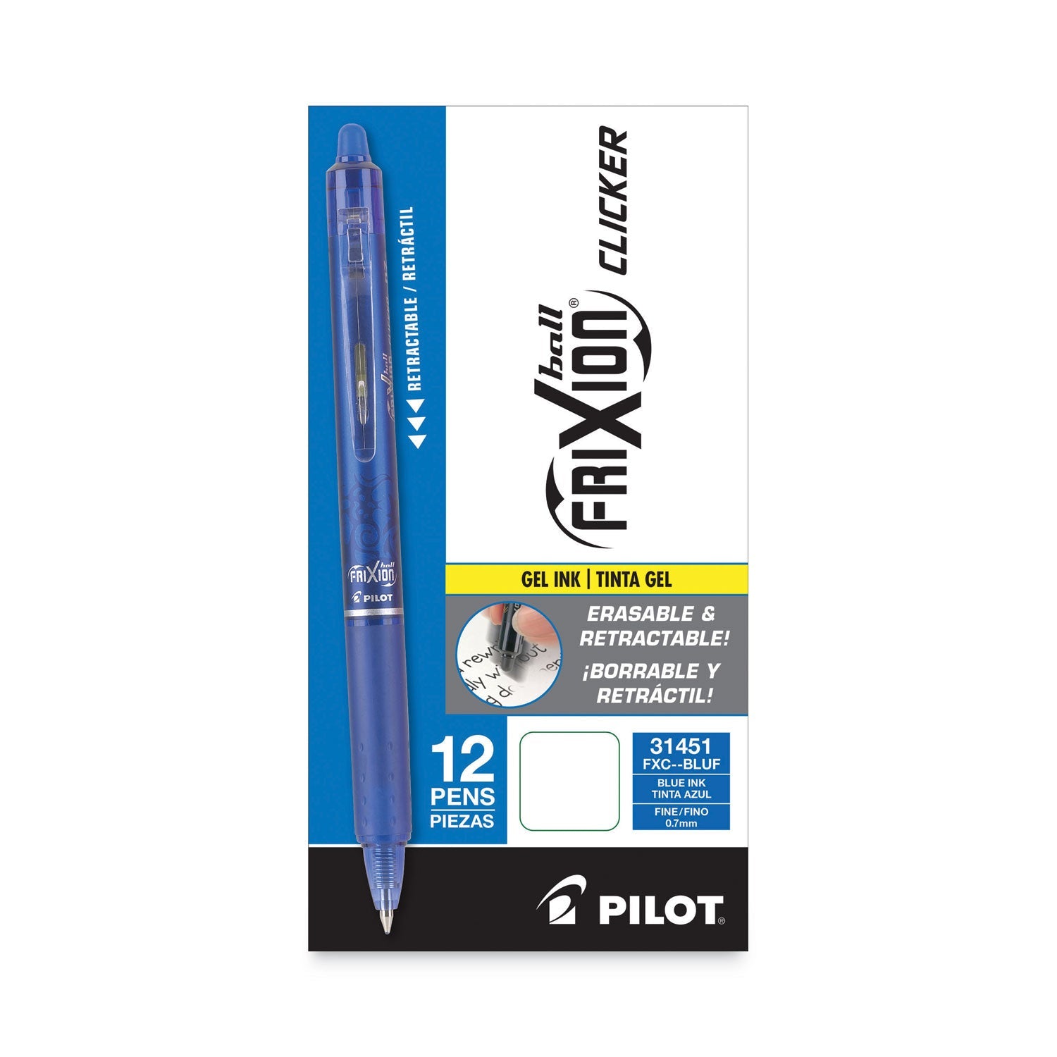 Pilot® Frixion Clicker Erasable Gel Pen, Retractable, Fine 0.7 Mm, Blue Ink, Blue Barrel