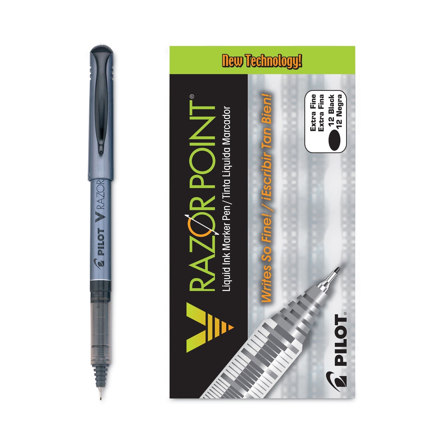 Pilot® V Razor Point Liquid Ink Porous Point Pen, Stick, Extra-Fine 0.5 mm, Black Ink, Gray/Smoke Barrel, Dozen