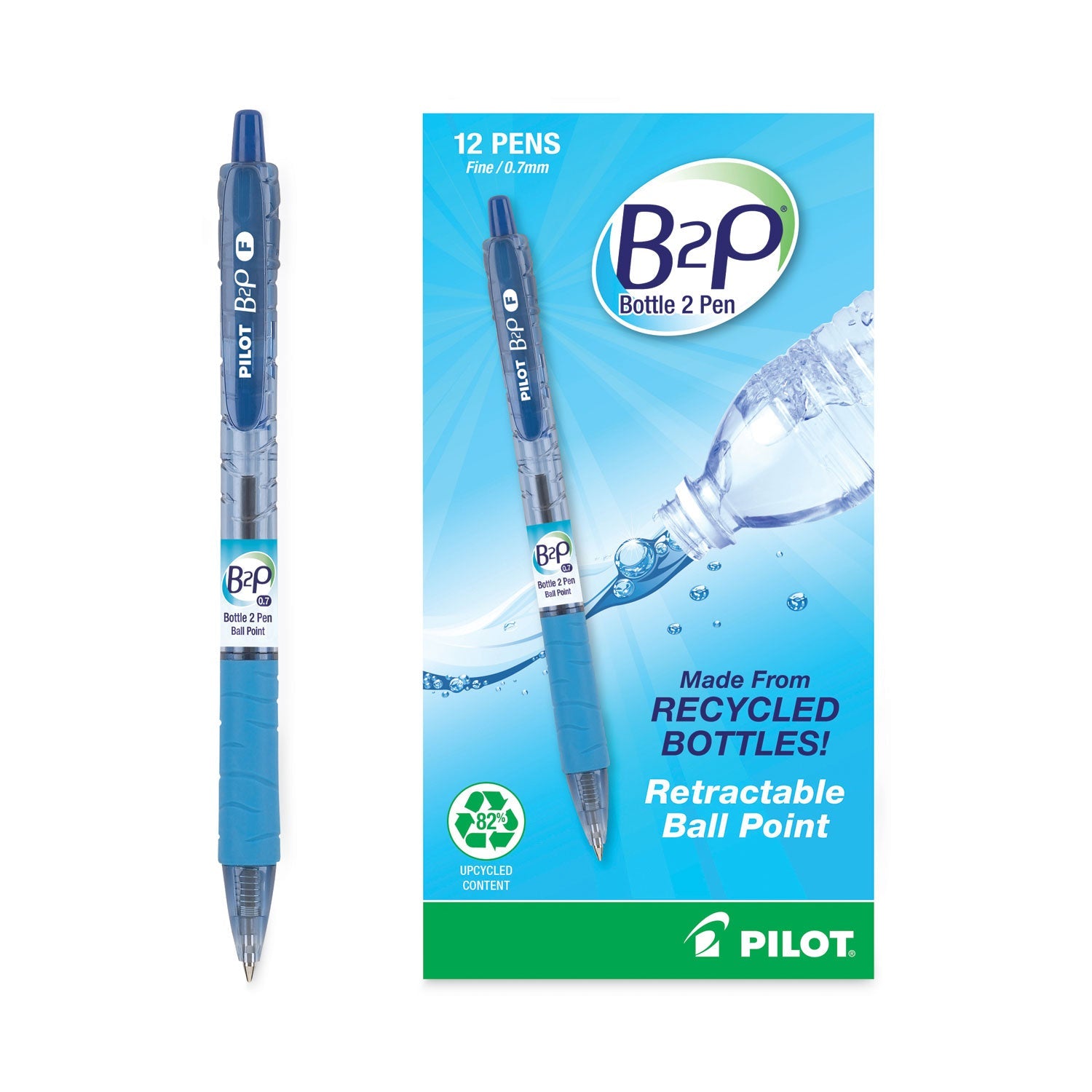 Pilot® B2p Bottle-2-Pen Recycled Ballpoint Pen, Retractable, Fine 0.7 Mm, Blue Ink, Translucent Blue Barrel, Dozen
