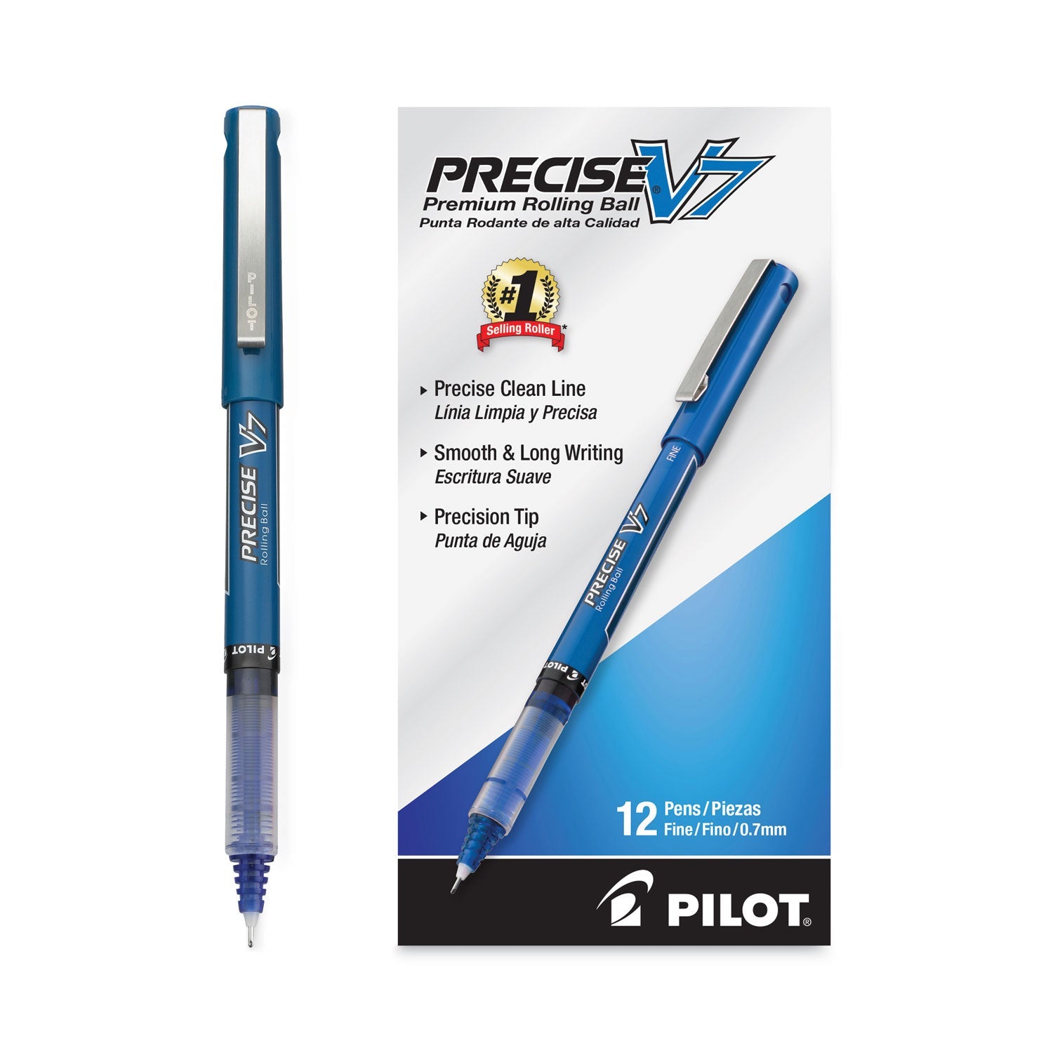 Pilot® Precise V7 Rollerball Pen, Stick, Fine 0.7 mm, Blue Ink, Blue/Clear Barrel, Dozen