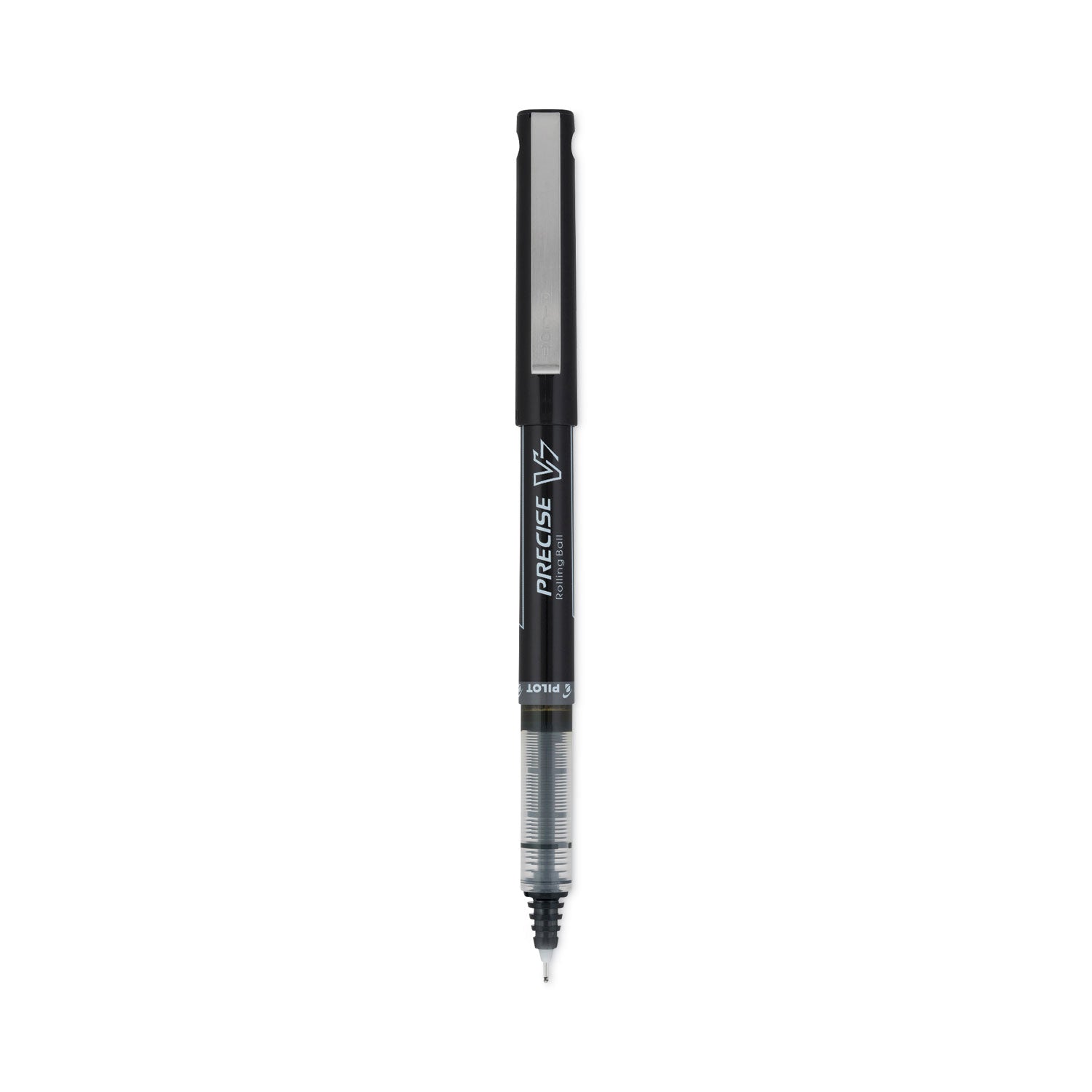 Pilot® Precise V7 Rollerball Pen, Stick, Fine 0.7 mm, Black Ink, Black/Clear Barrel, Dozen