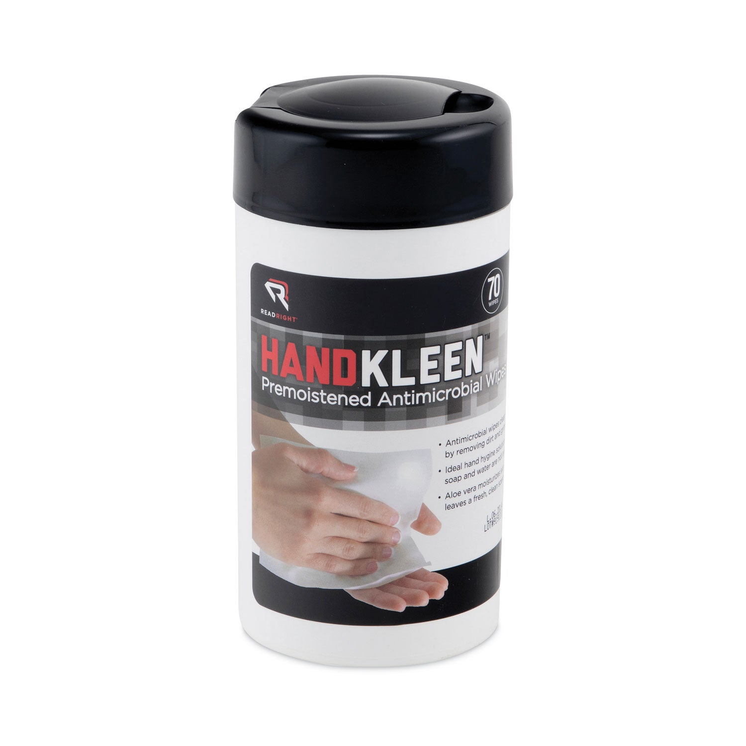 Read Right® HandKleen Premoistened Antibacterial Wipes, Cloth, 5.5 x 6.5, Unscented, White, 70/Tub