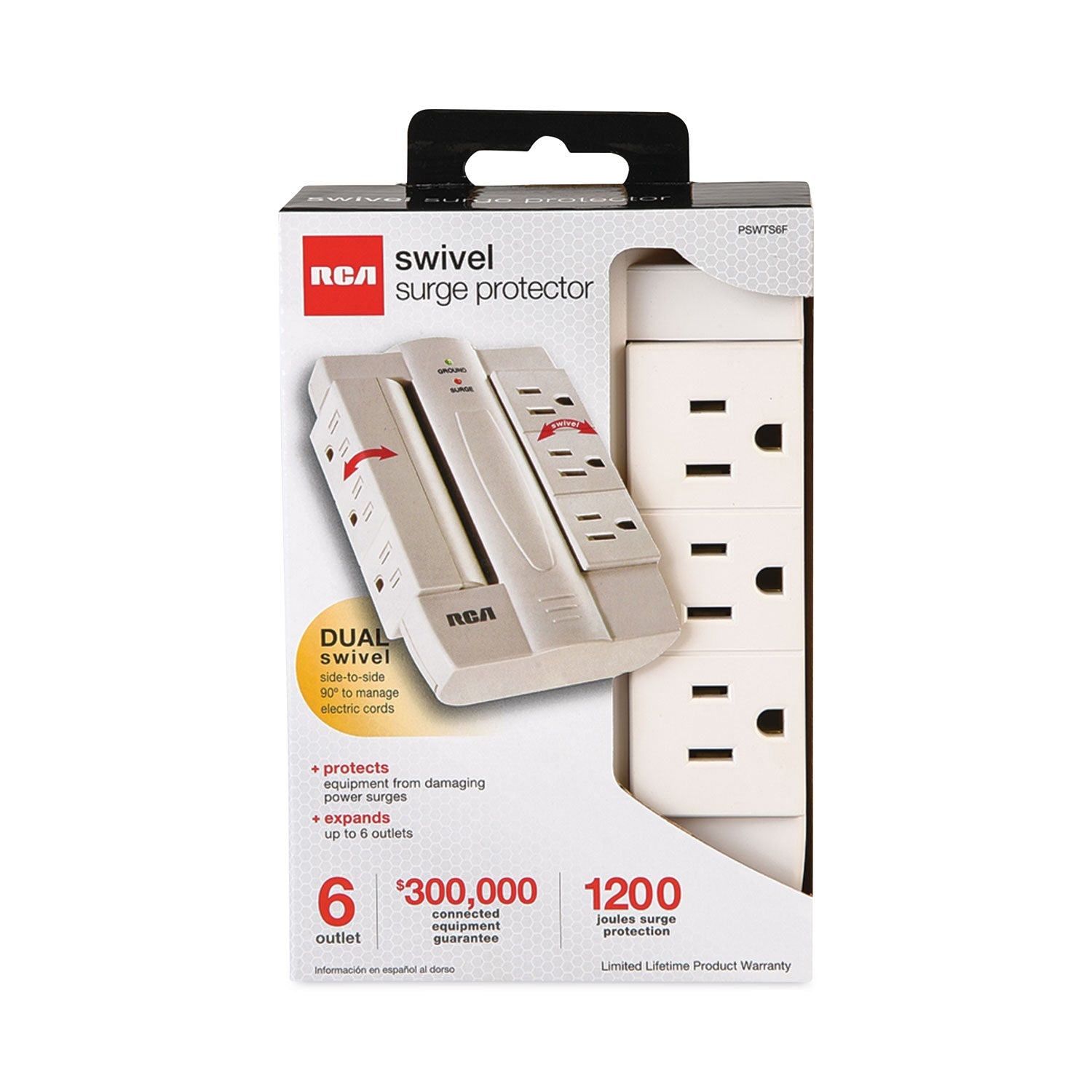 RCA® 6 Outlet Swivel Surge Protector, 6 AC Outlets, 1,200 J, White