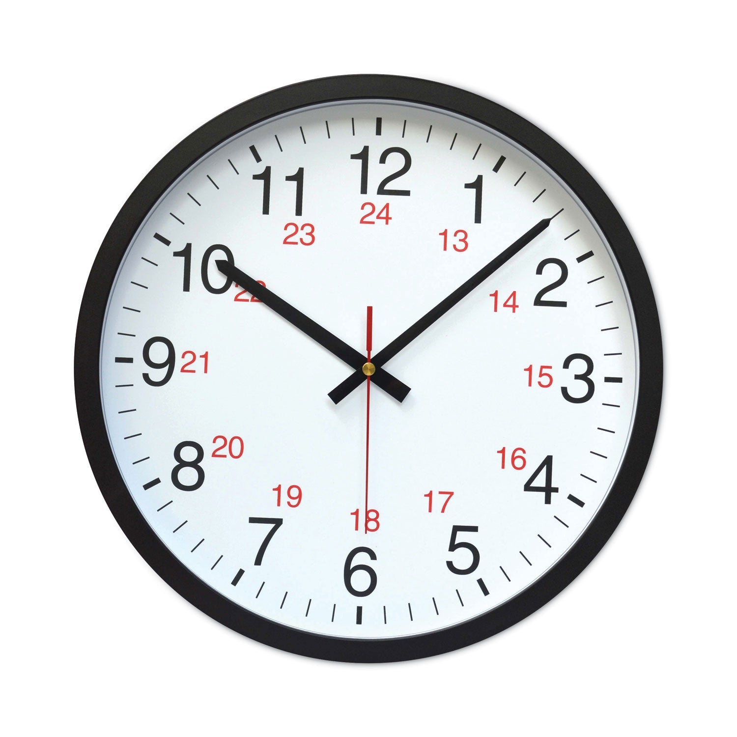 Universal® 24-Hour Round Wall Clock, 12.63" Overall Diameter, Black Case, 1 Aa (sold Separately)