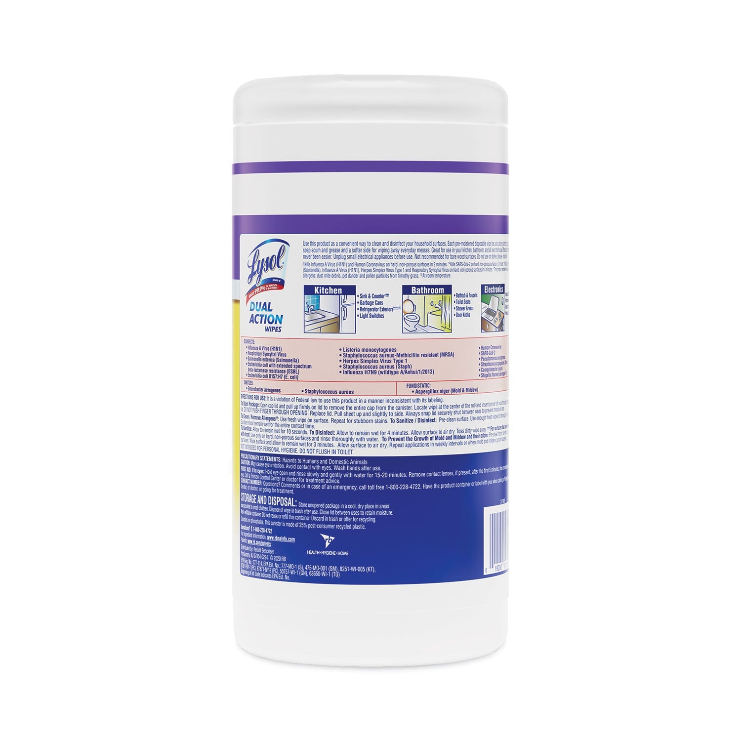 LYSOL® Brand Dual Action Disinfecting Wipes, 1-Ply, 7 x 7.5, Citrus, White/Purple, 75/Canister