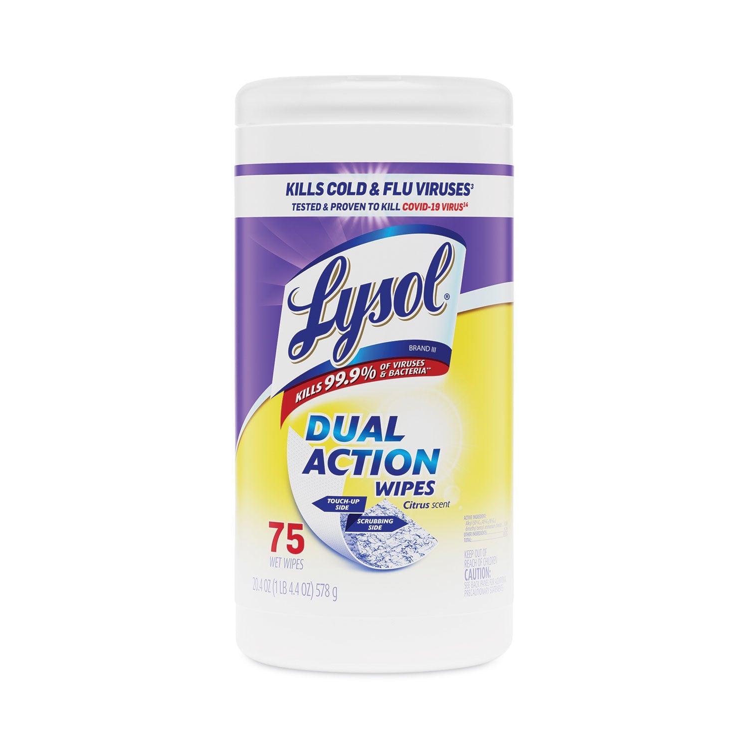 LYSOL® Brand Dual Action Disinfecting Wipes, 1-Ply, 7 x 7.5, Citrus, White/Purple, 75/Canister