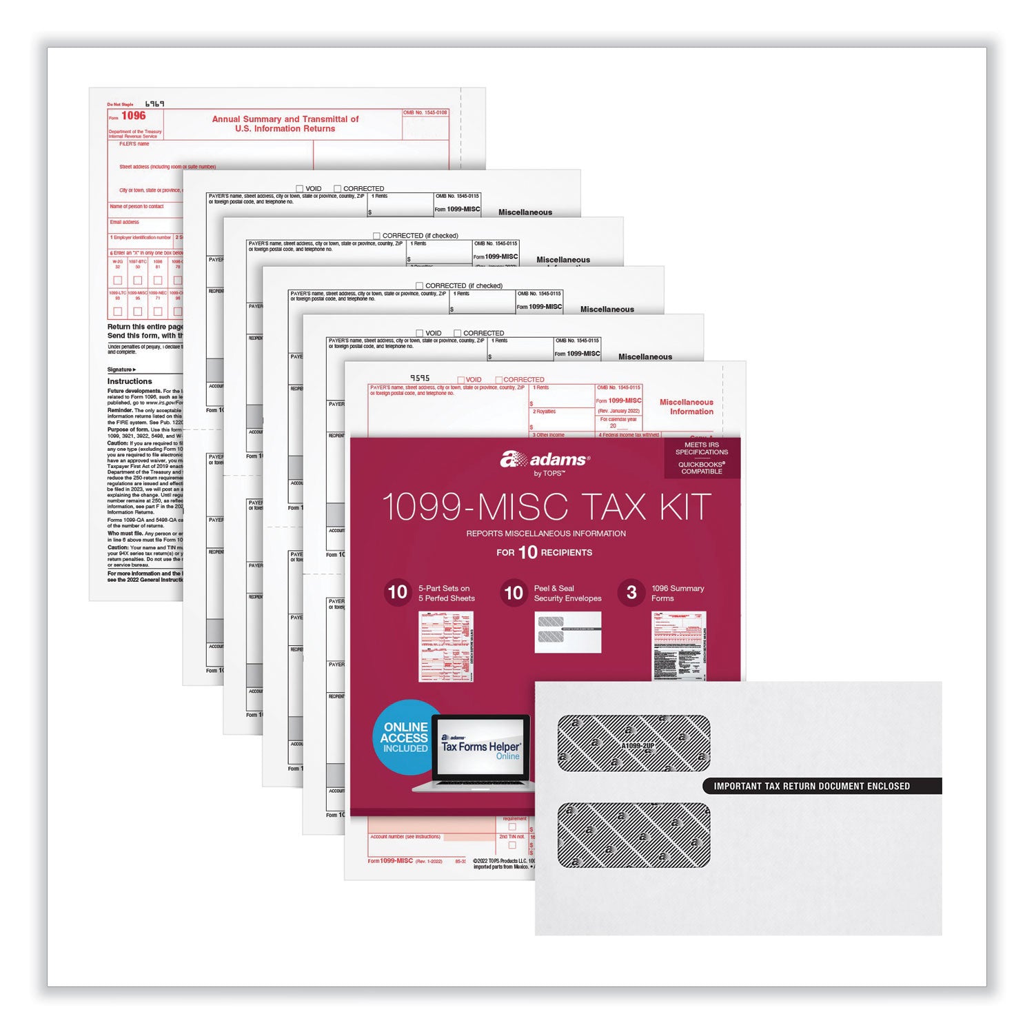 Adams® 4-Part 1099-MISC Tax Form Kit with Security Envelopes and Tax Forms Helper, 2024, 8 x 5, 2 Forms/Sheet, 10 Forms Total