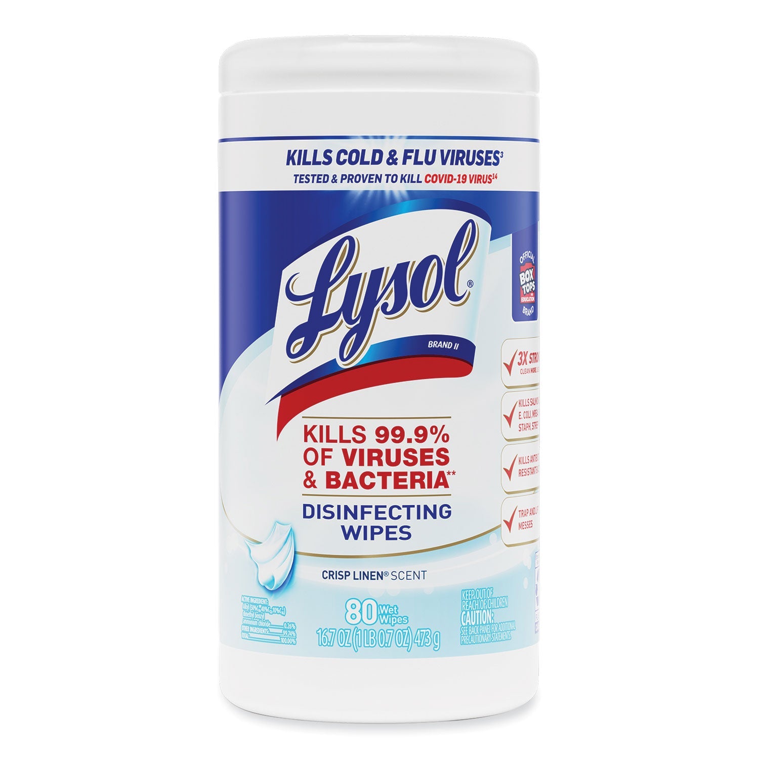 LYSOL® Brand Disinfecting Wipes, 1-Ply, 7 x 7.25, Crisp Linen, White, 80 Wipes/Canister