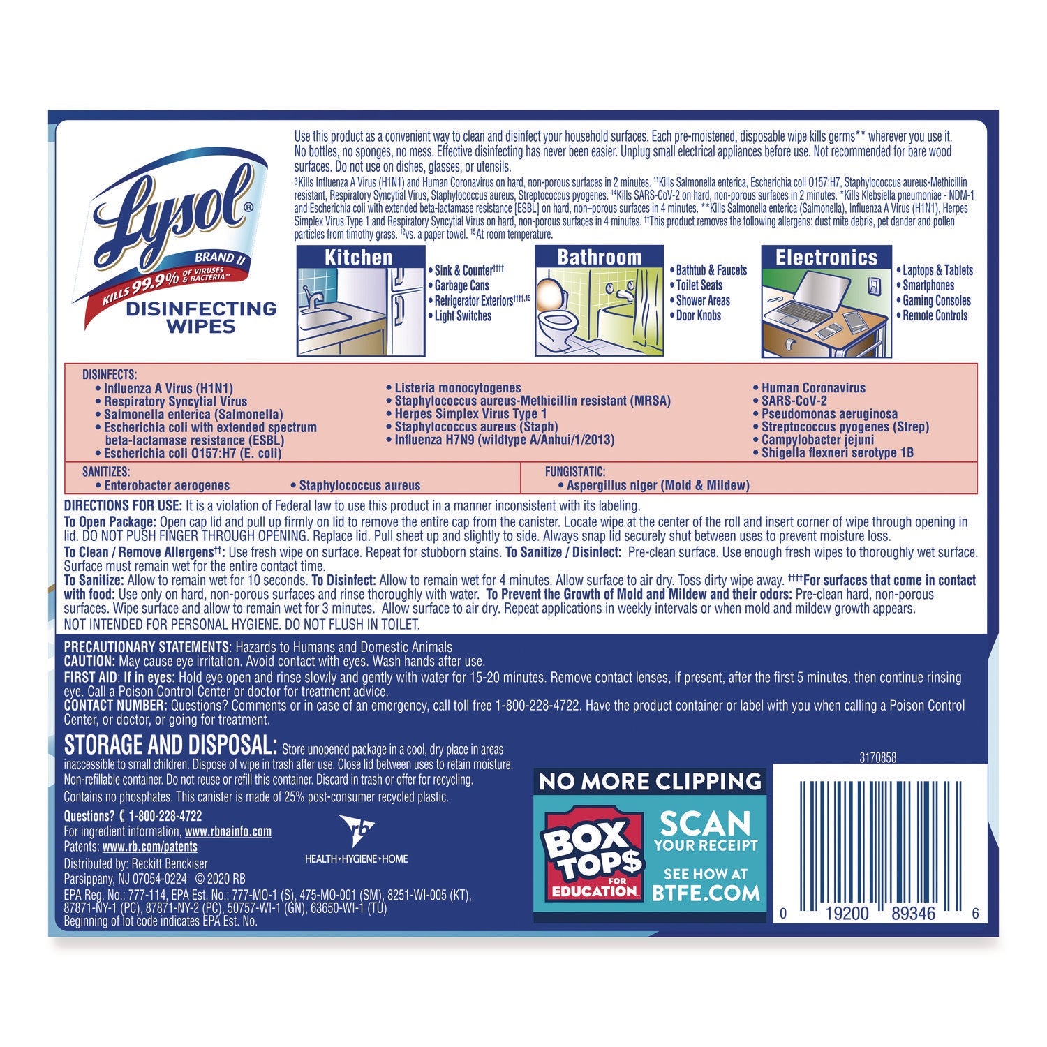LYSOL® Brand Disinfecting Wipes, 1-Ply, 7 x 7.25, Crisp Linen, White, 80 Wipes/Canister
