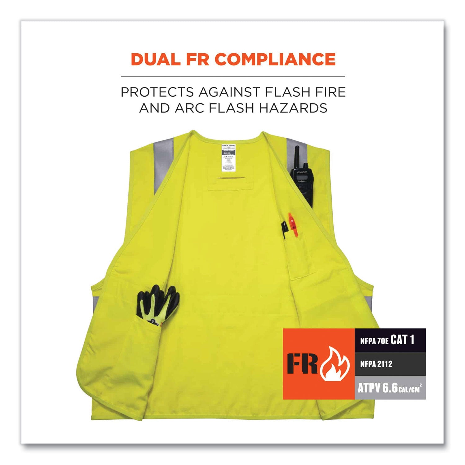 ergodyne® GloWear 8261FRHL Class 2 Dual Compliant FR Hook and Loop Safety Vest, Small/Medium, Lime