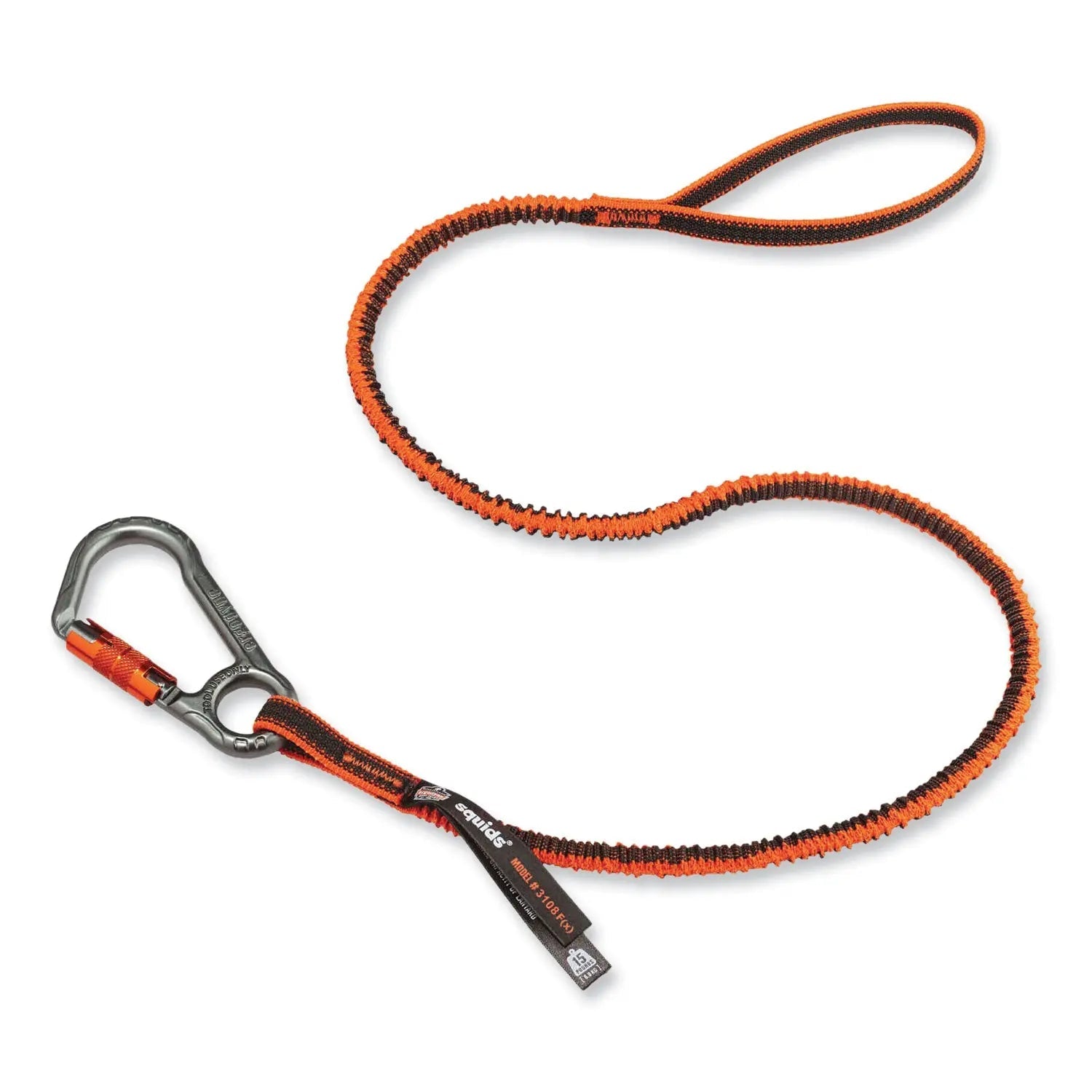 ergodyne® Squids 3108F(x)Tool Lanyard with Locking Aluminum Carabiner + Loop, 15 lb Max Working Capacity, 38" to 48" Long, Orange/Gray
