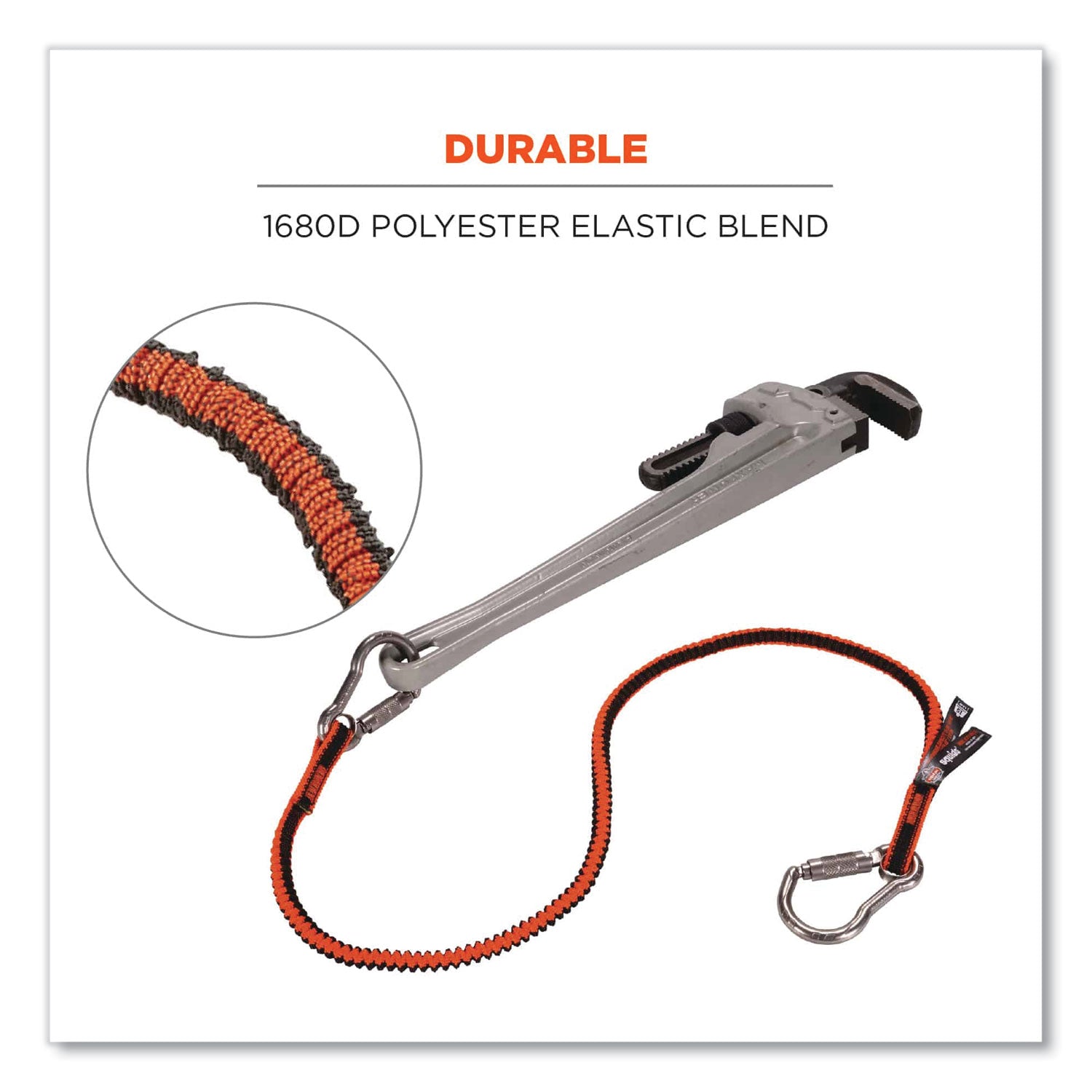 ergodyne® Squids 3111F(x) Tool Lanyard with Stainless Steel Carabiners,15 lb Max Working Capacity, 38" to 48" Long, Orange/Gray - Bloom Skins