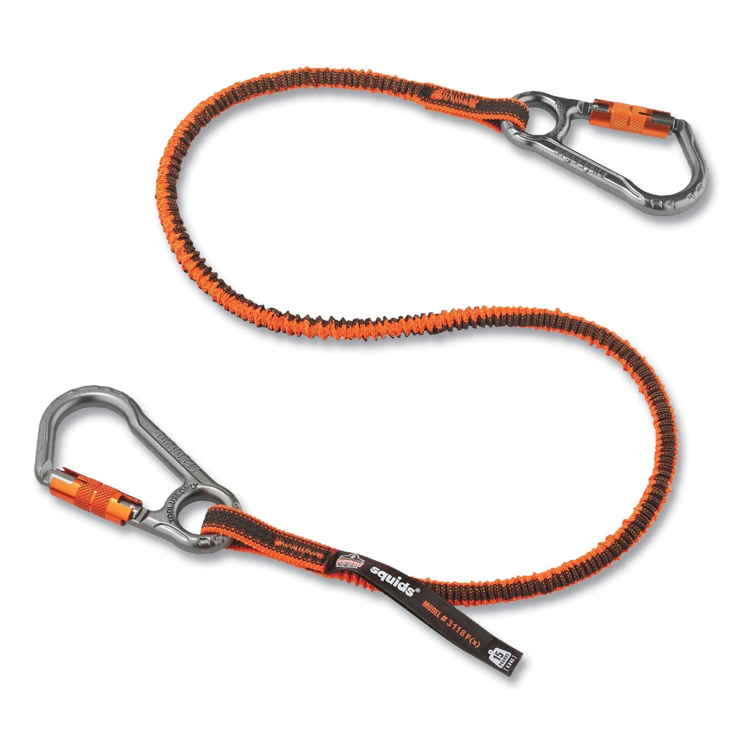 ergodyne® Squids 3118F(x) Tool Lanyards with Locking Aluminum Carabiners, 15 lb Working Capacity, 38" to 48" Long, Orange/Gray