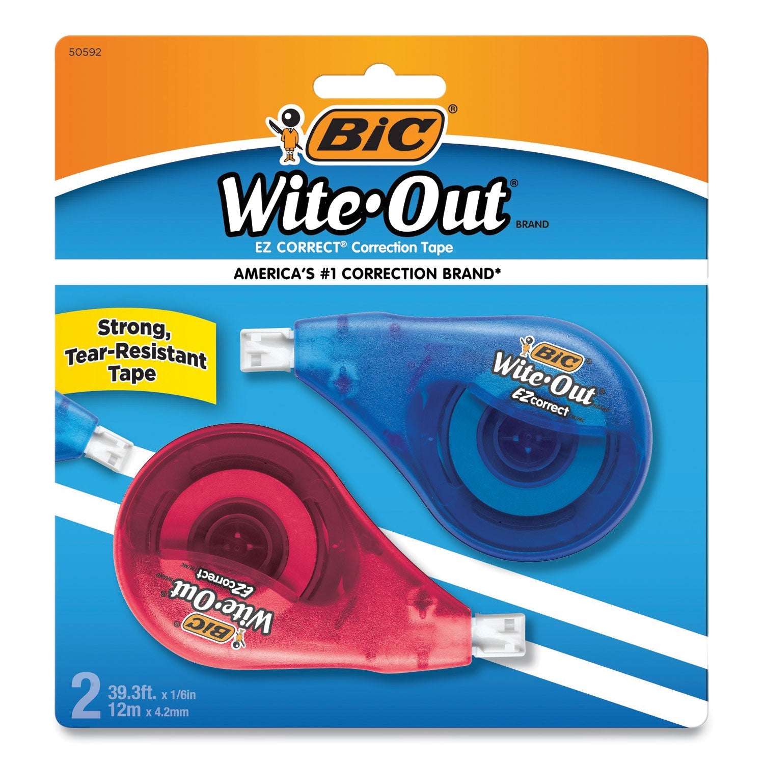 BIC® Wite-Out EZ Correct Correction Tape, Non-Refillable, Randomly Assorted Applicator Colors, 0.17" x 472", 2/Pack
