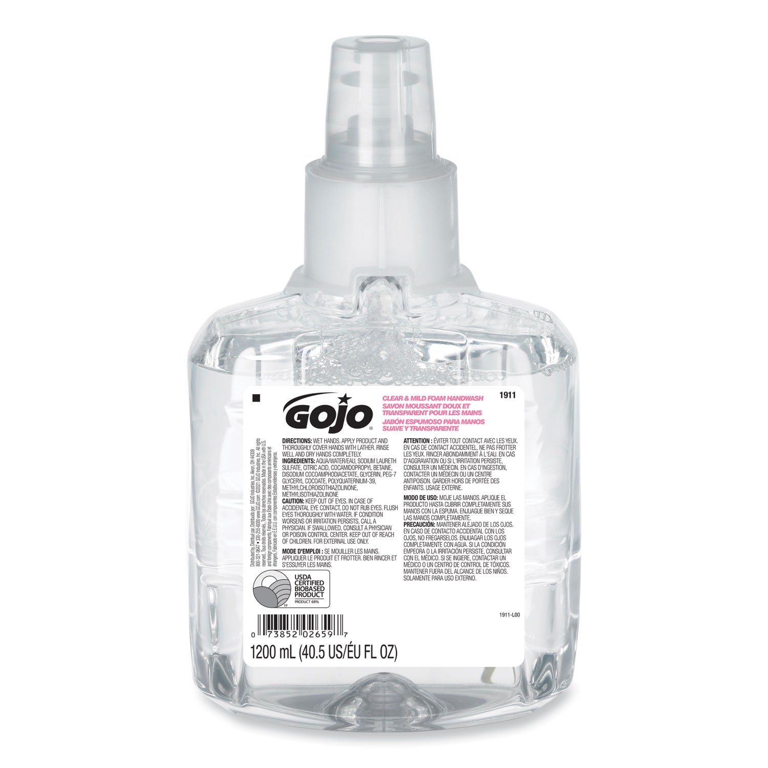 GOJO® Clear and Mild Foam Handwash Refill, For LTX-12 Dispenser, Fragrance-Free, 1,200 mL, 2/Carton