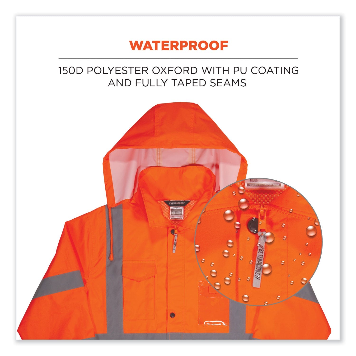 ergodyne® GloWear 8366 Class 3 Lightweight Hi-Vis Rain Jacket, Polyester, Large, Orange