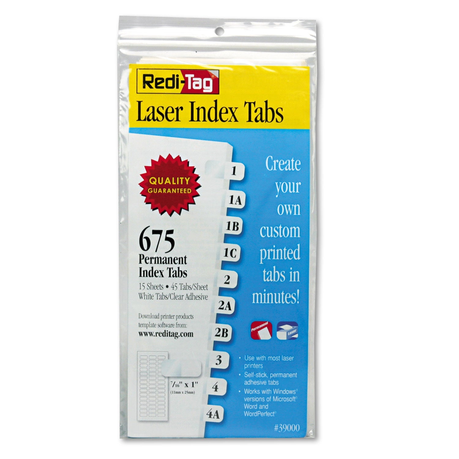 Redi-Tag® Laser Printable Index Tabs, 1/12-Cut, White, 0.44" Wide, 675/Pack
