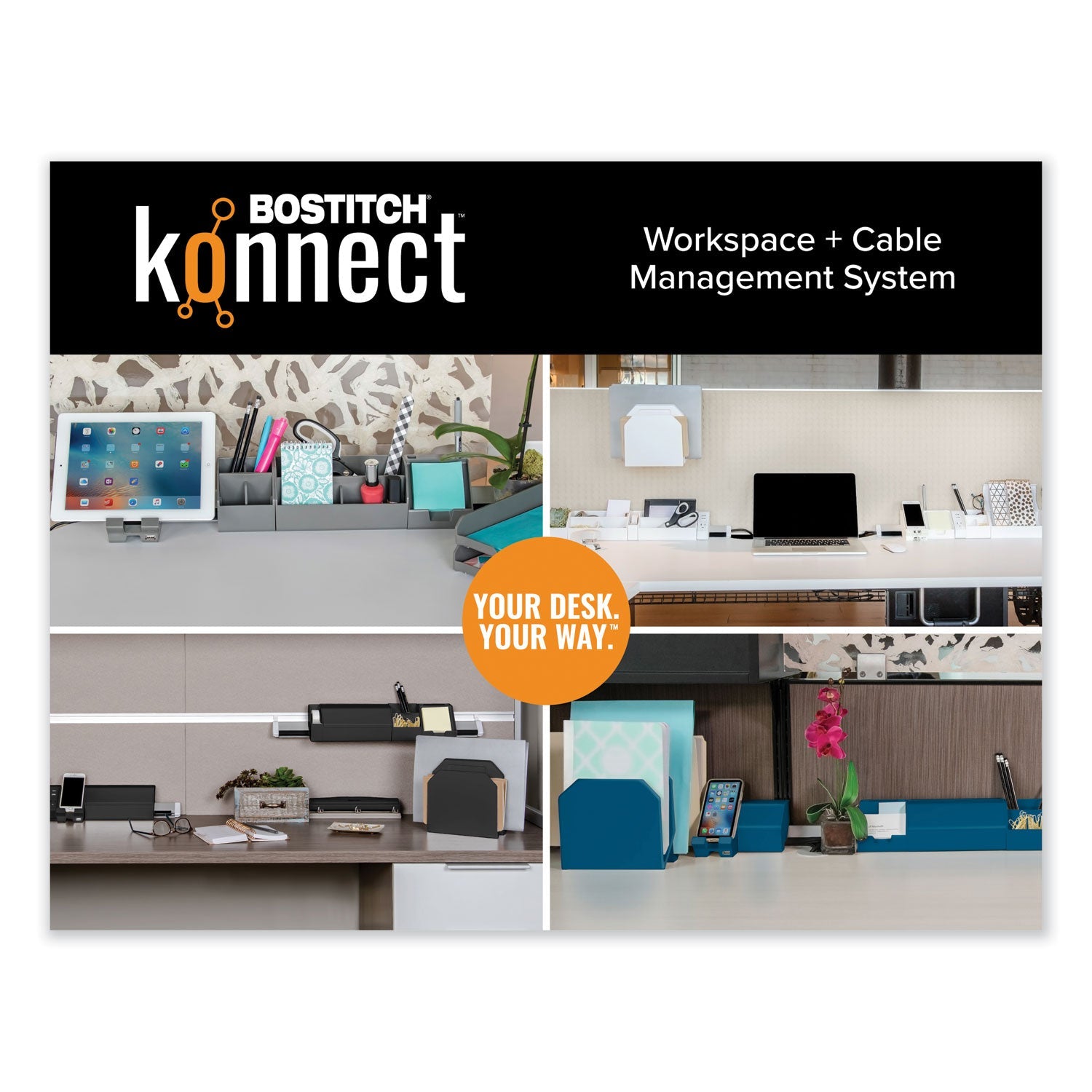 Bostitch® Konnect Desk Organizer and Cable Management Five-Piece Kit, Plastic, White