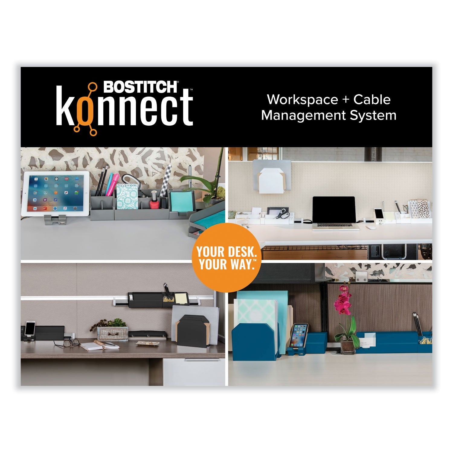 Bostitch® Konnect Desk Organizer and Cable Management 14-Piece Kit, Plastic, Gray