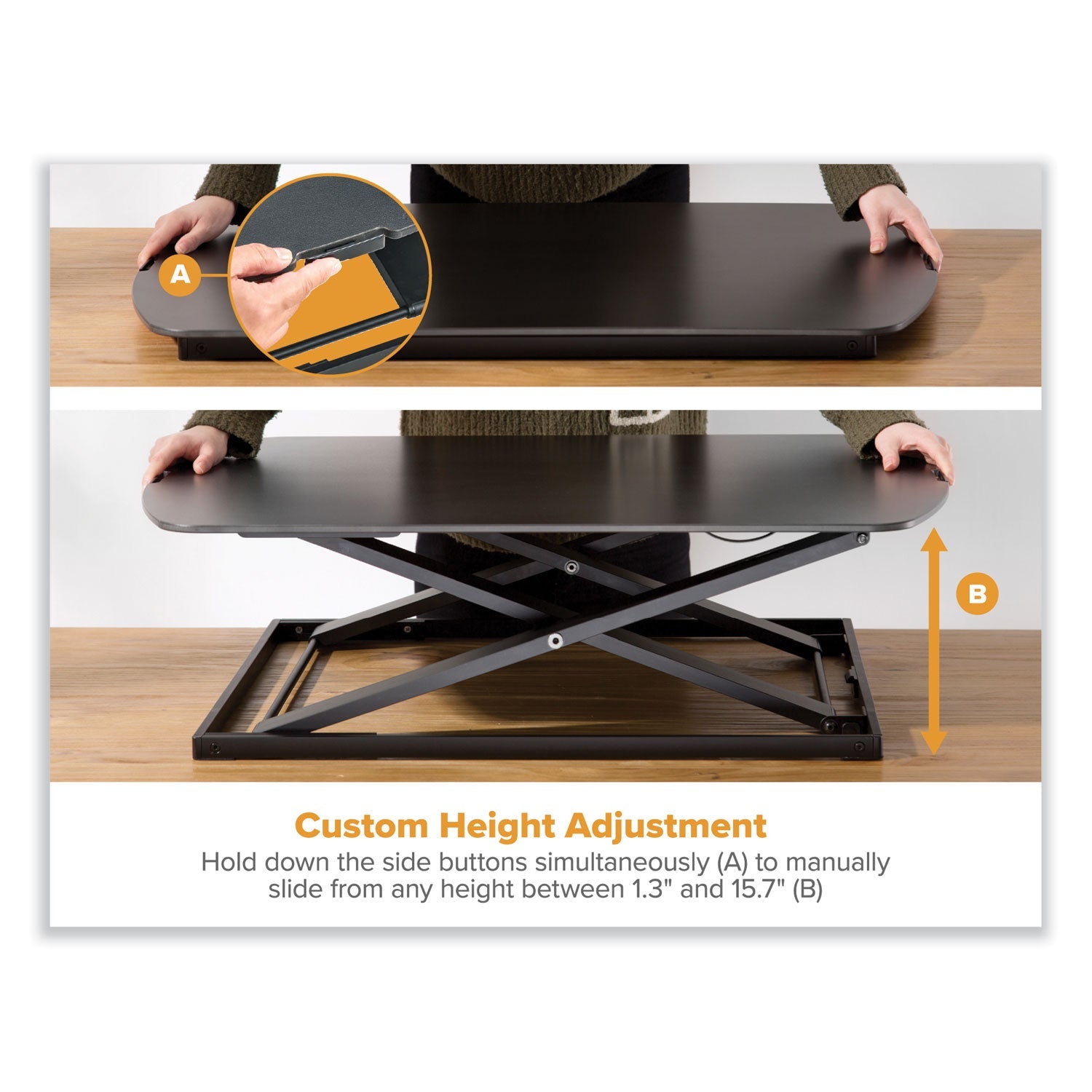 Bostitch® Manual Height Adjustable Standing Desk Converter, 22.05" x 31.34" x 1.26" to 15.75", Black