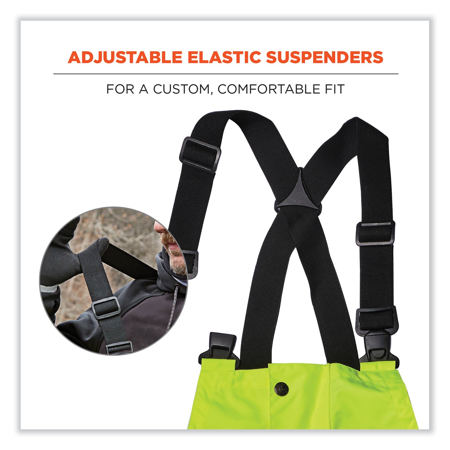 ergodyne® GloWear 8918BK Class E Hi-Vis Rain Bibs Black Bottom, Medium, Lime