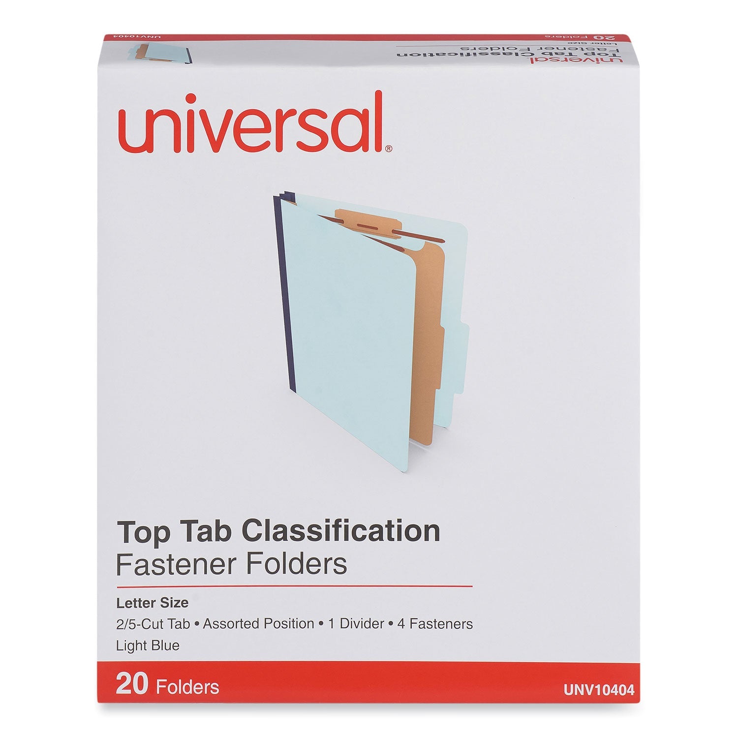 Universal® Four-Section Pressboard Classification Folders, 1.75" Expansion, 1 Divider, 4 Fasteners, Letter Size, Light Blue, 20/Box