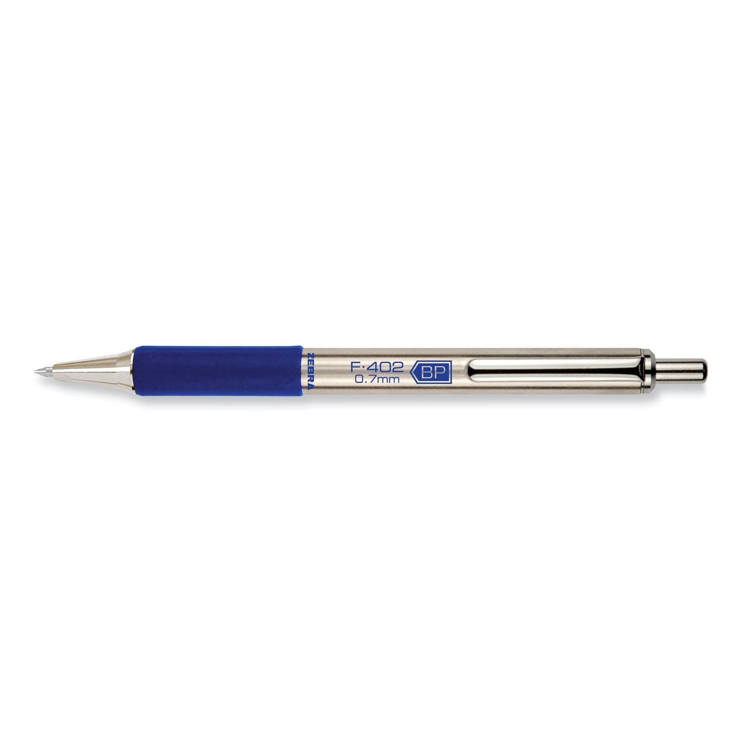 Zebra® F-402 Ballpoint Pen, Retractable, Fine 0.7 Mm, Blue Ink, Stainless Steel/blue Barrel
