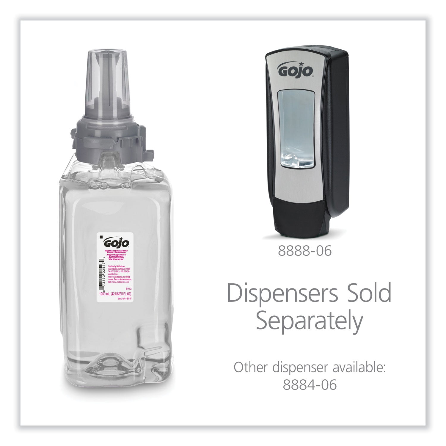 GOJO® Antibacterial Foam Hand Wash Refill, For ADX-12 Dispenser, Plum Scent, 1,250 mL, 3/Carton