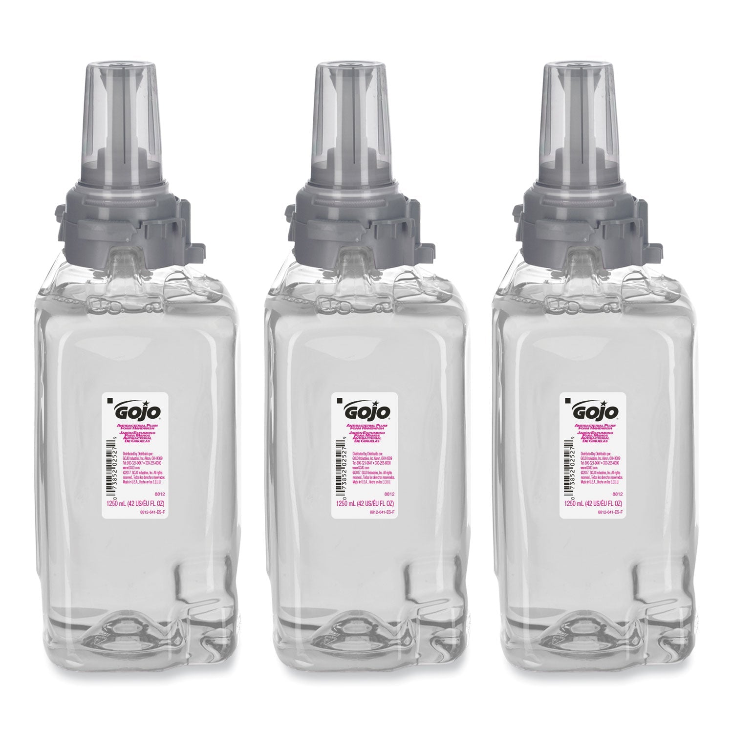 GOJO® Antibacterial Foam Hand Wash Refill, For ADX-12 Dispenser, Plum Scent, 1,250 mL, 3/Carton