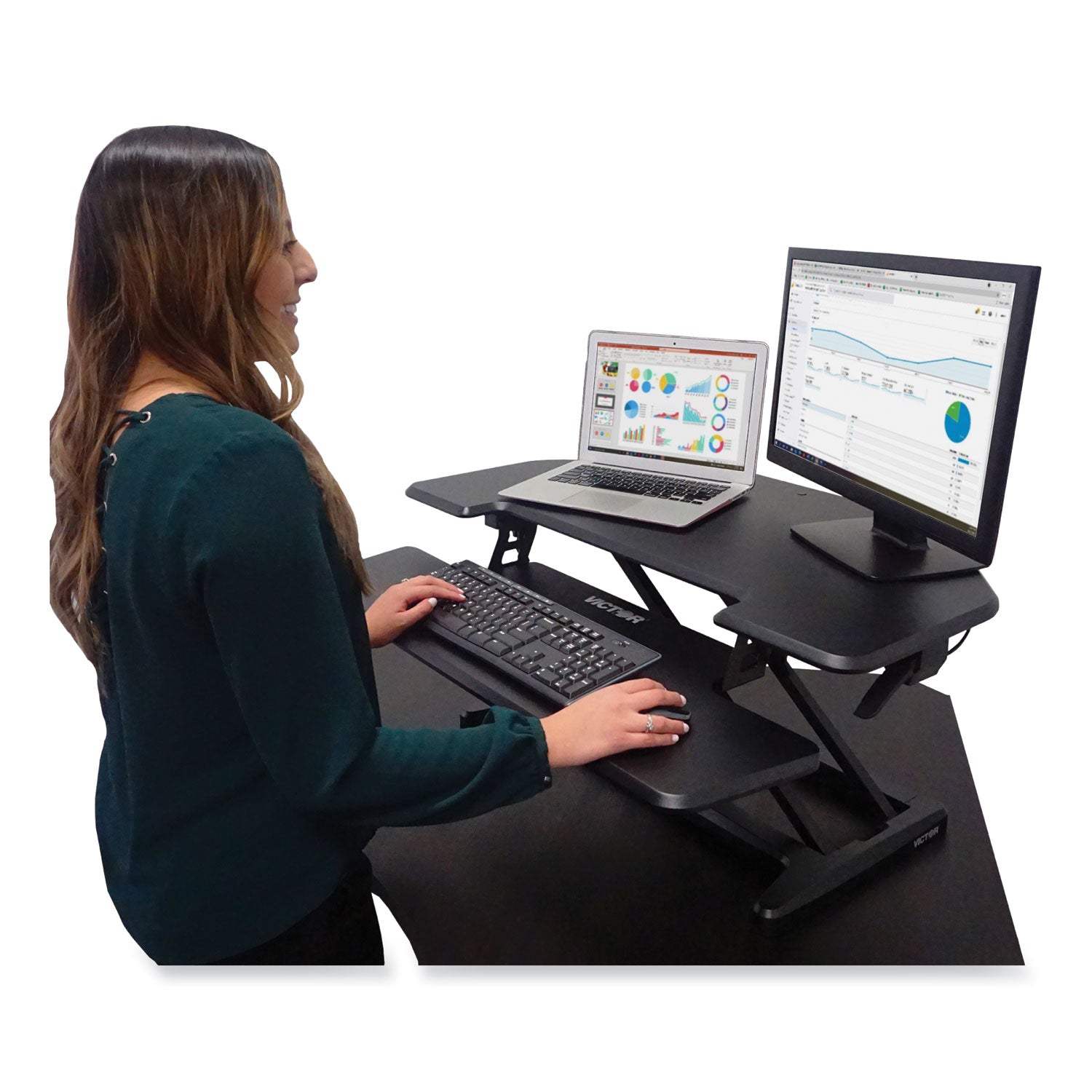 Victor® Height Adjustable Corner Standing Desk with Keyboard Tray, 36 x 20 x 0 to 20, Black