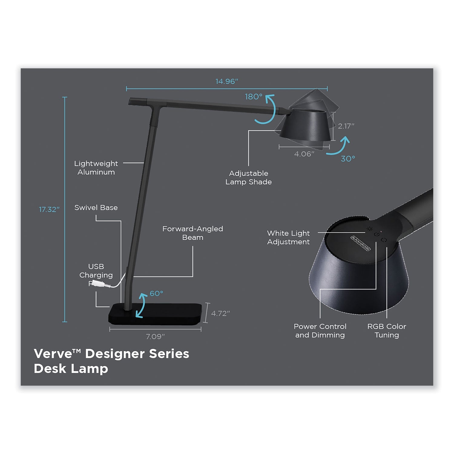 BLACK+DECKER PureOptics Verve Designer Series LED Desk Lamp with USB Port, 17.32" High, Black