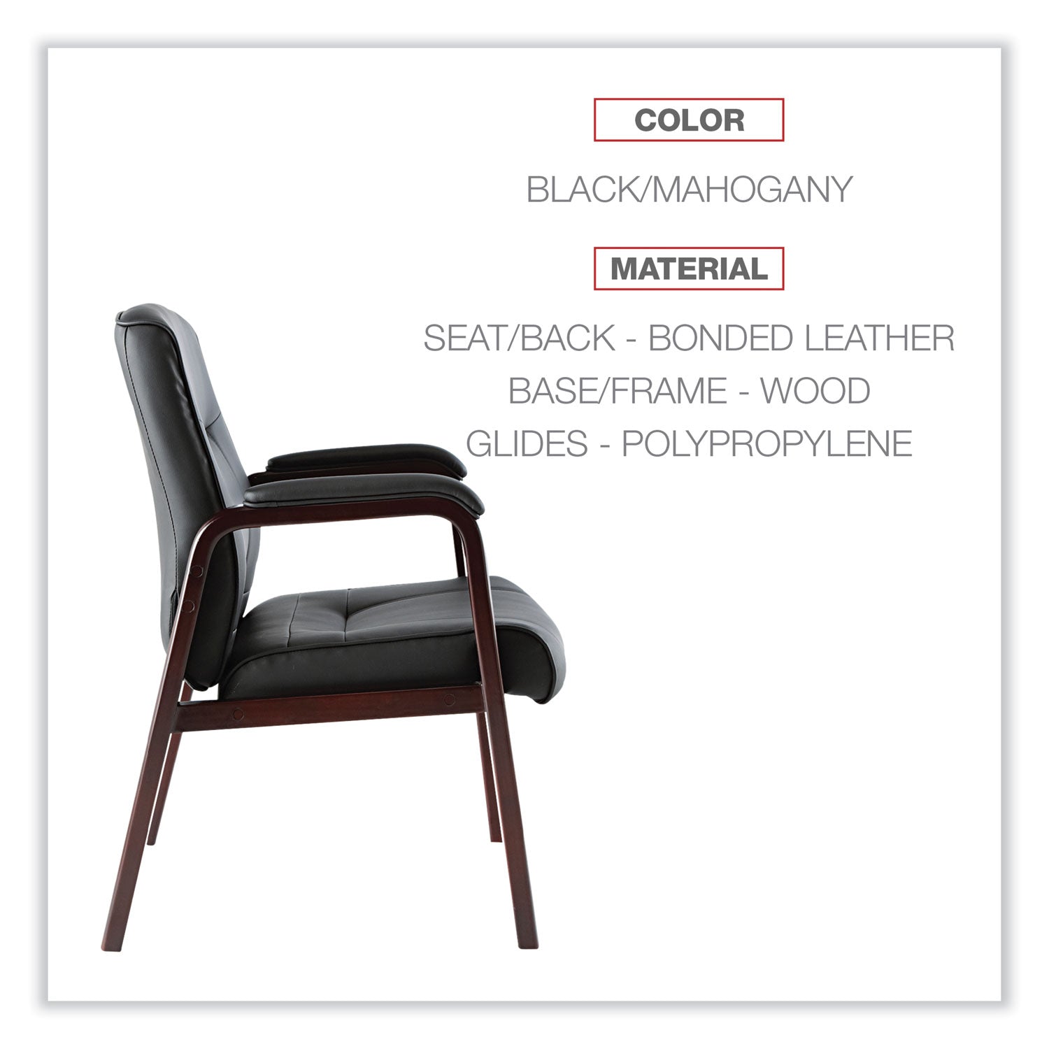 Alera® Alera Madaris Series Bonded Leather Guest Chair with Wood Trim Legs, 25.39" x 25.98" x 35.62", Black Seat/Back, Mahogany Base
