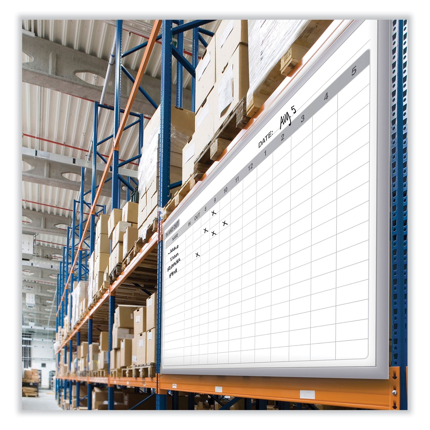 Ghent In/Out Magnetic Whiteboard, Personnel In/Out Tracking Chart, 48.5" x 36.5", White/Gray Surface, Satin Aluminum Frame