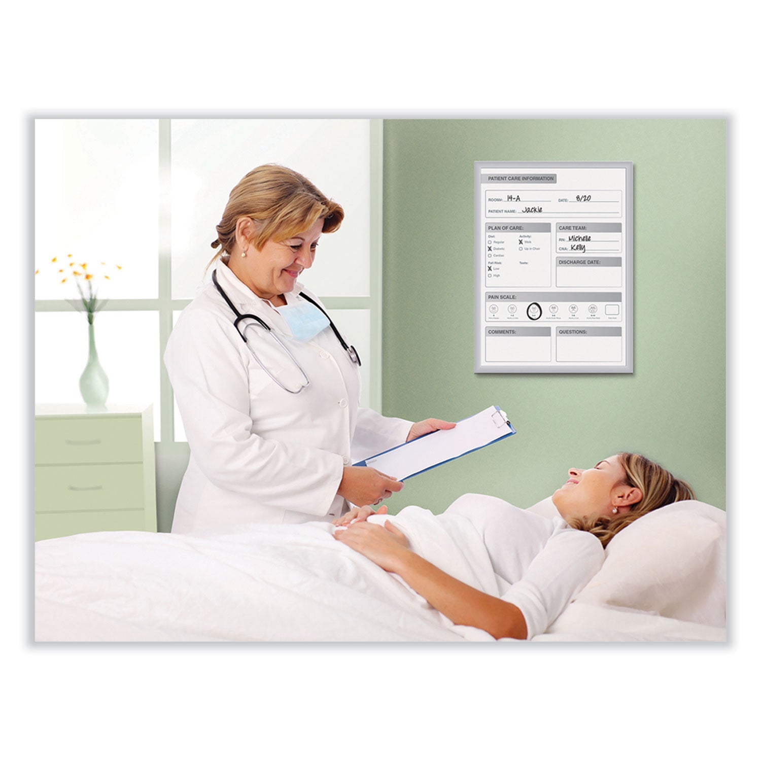 Ghent Patient Room Magnetic Whiteboard, Hospital Patient Chart, 24" x 36", White/Gray Surface, Satin Aluminum Frame