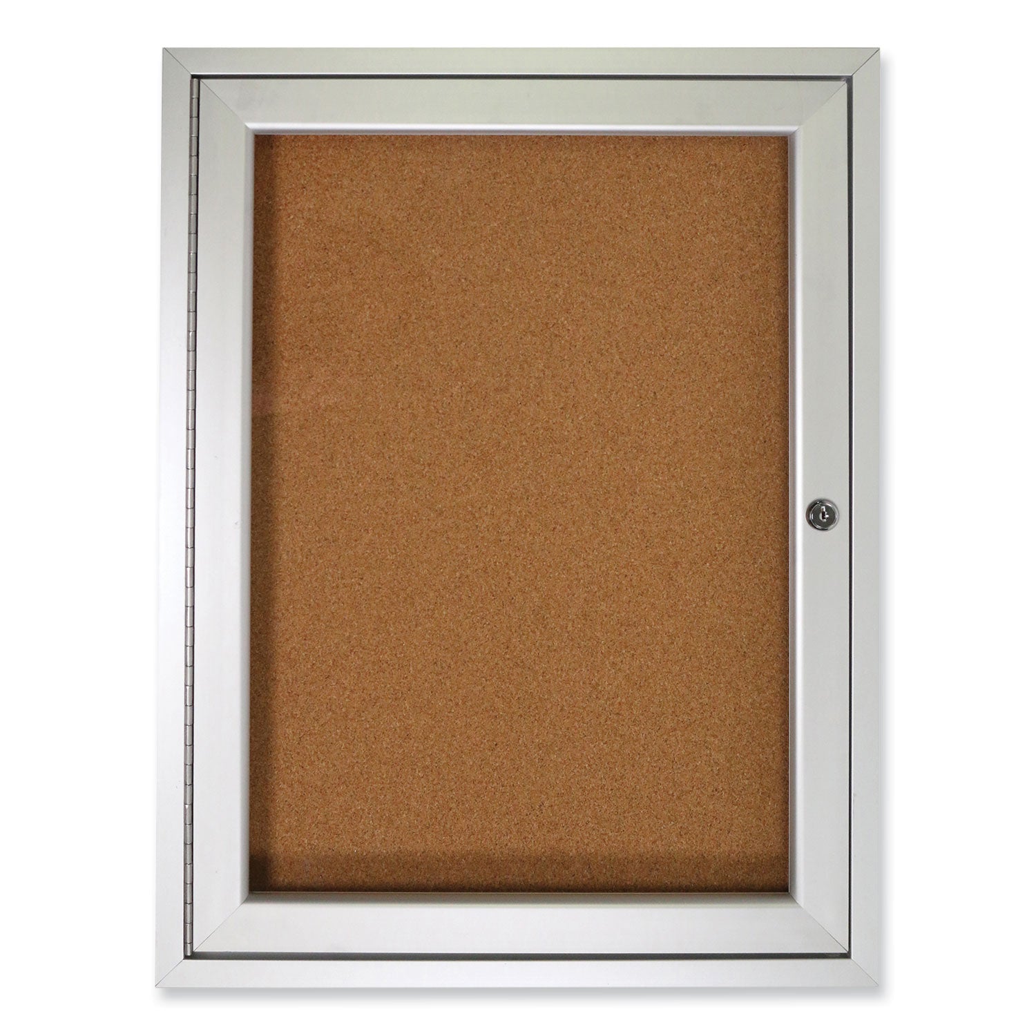 Ghent 1 Door Enclosed Natural Cork Bulletin Board with Satin Frame, 18" x 24", Tan Surface, Satin Aluminum Frame