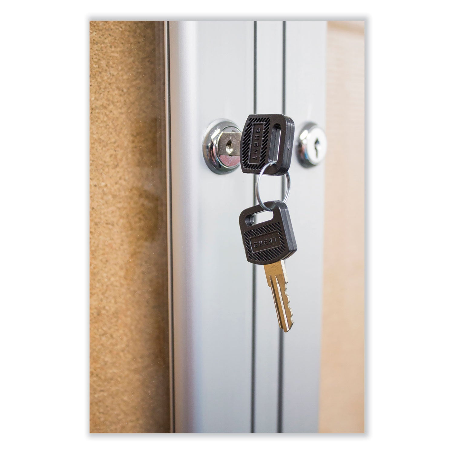 Ghent 2 Door Enclosed Natural Cork Bulletin Board with Satin Frame, 48" x 36", Tan Surface, Satin Aluminum Frame - Bloom Skins