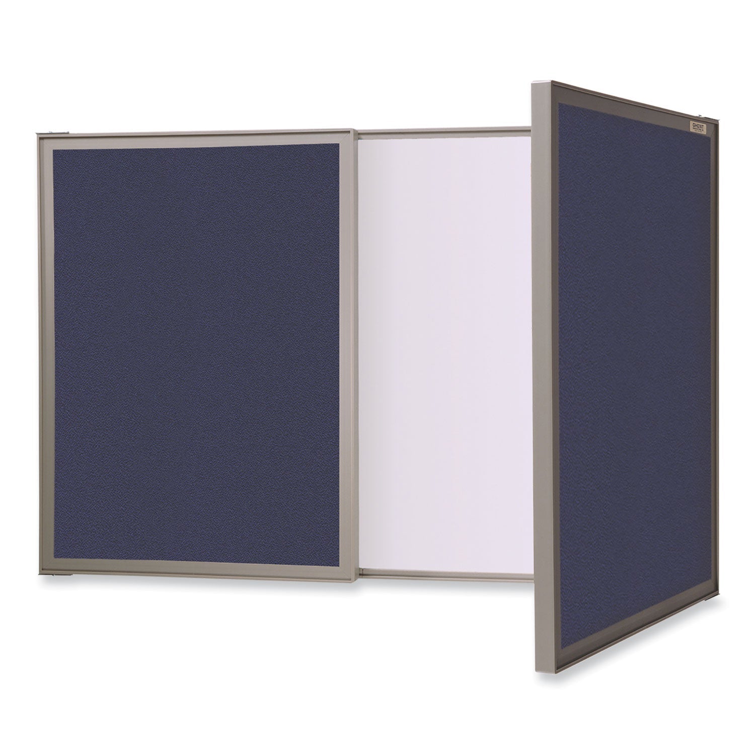 Ghent VisuALL PC Whiteboard Cabinet with Fabric Bulletin Board Exterior Doors, 36" x 24", Blue/White Surface, Satin Aluminum Frame