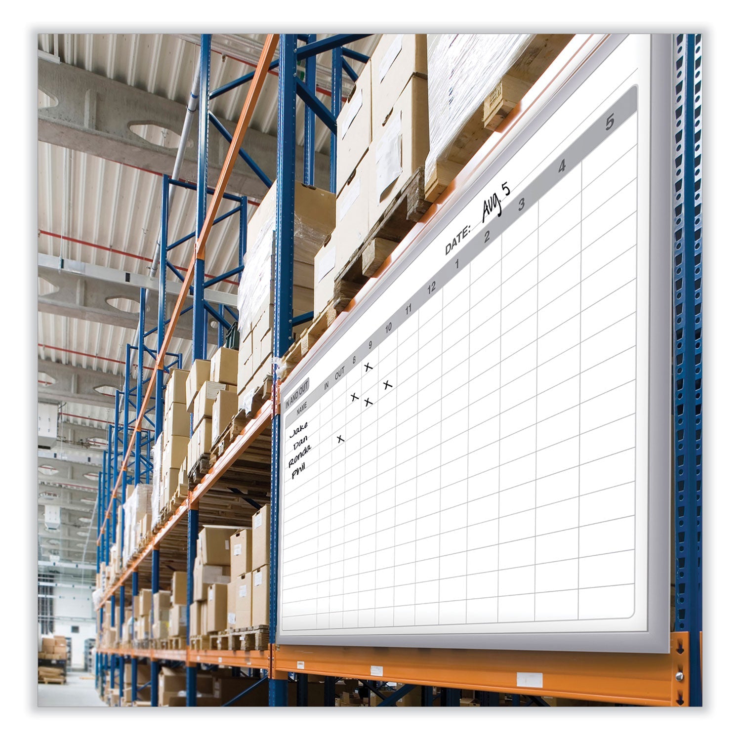 Ghent In/Out Magnetic Whiteboard, Personnel In/Out Tracking Chart, 72.5" x 48.5", White/Gray Surface, Satin Aluminum Frame