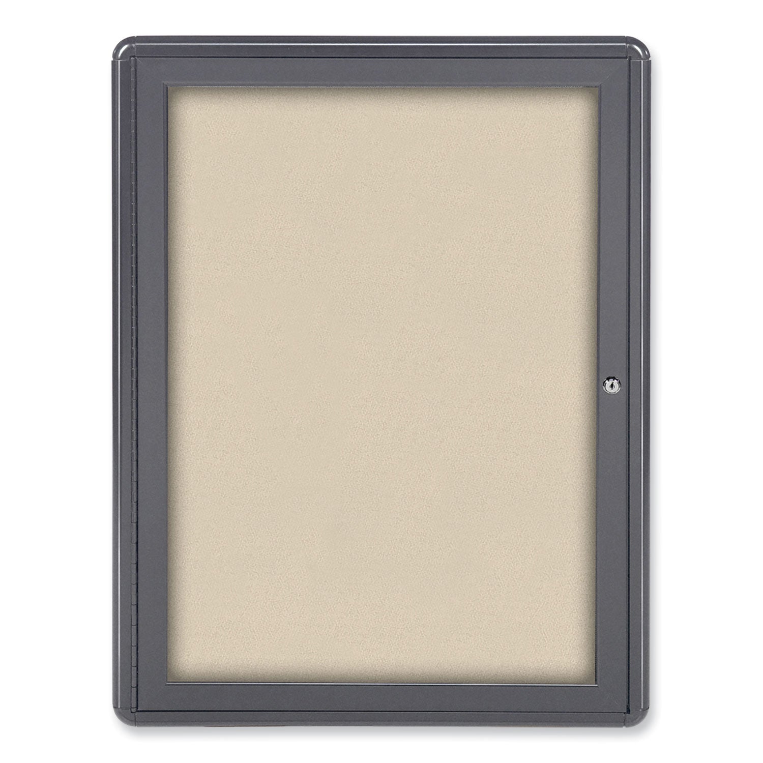 Ghent Ovation 1 Door Enclosed Fabric Bulletin Board, 24.13" x 33.75", Beige Surface, Powder-Coated Gray Aluminum Frame