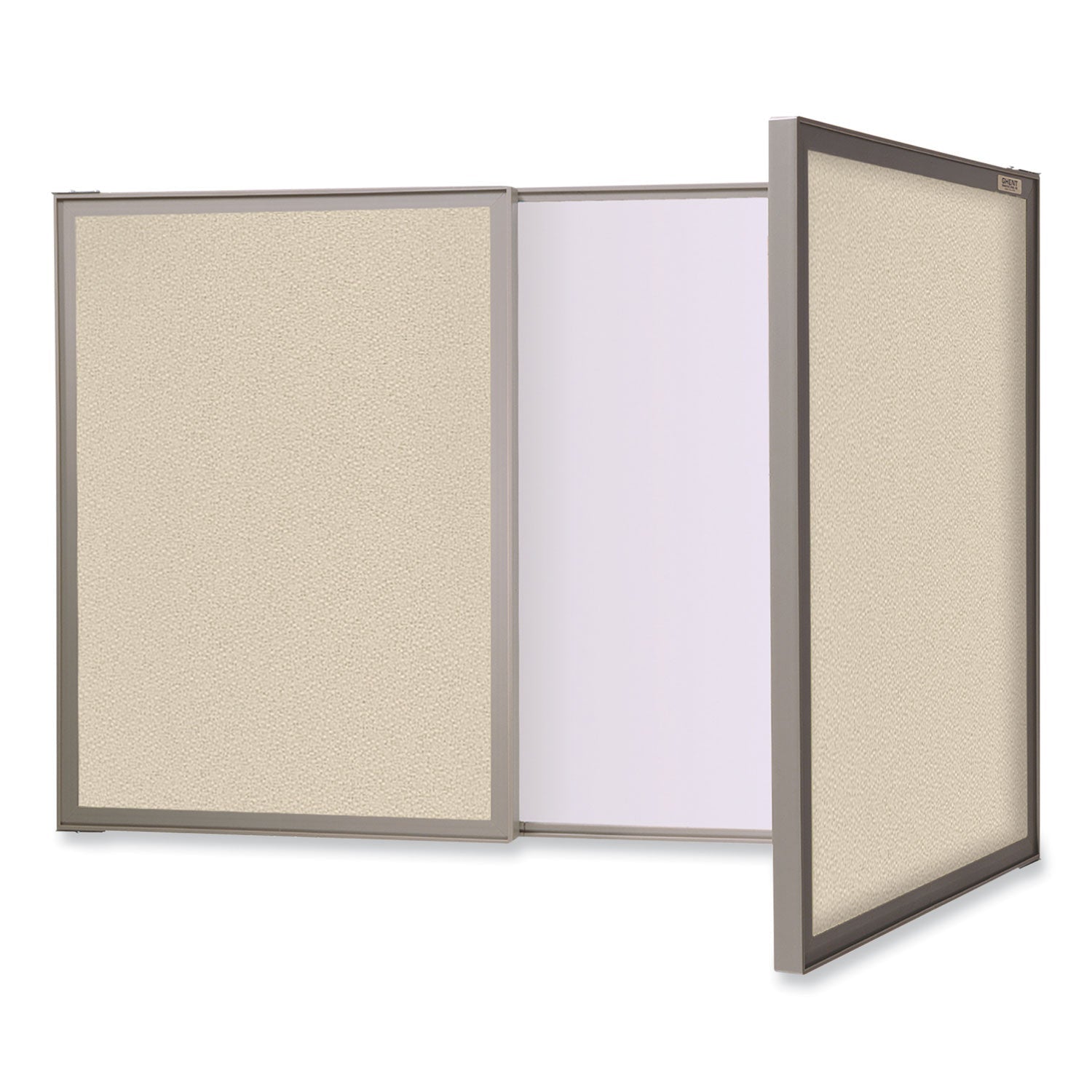 Ghent VisuALL PC Whiteboard Cabinet with Fabric Bulletin Board Exterior Doors, 36" x 24", Beige/White Surface, Satin Aluminum Frame