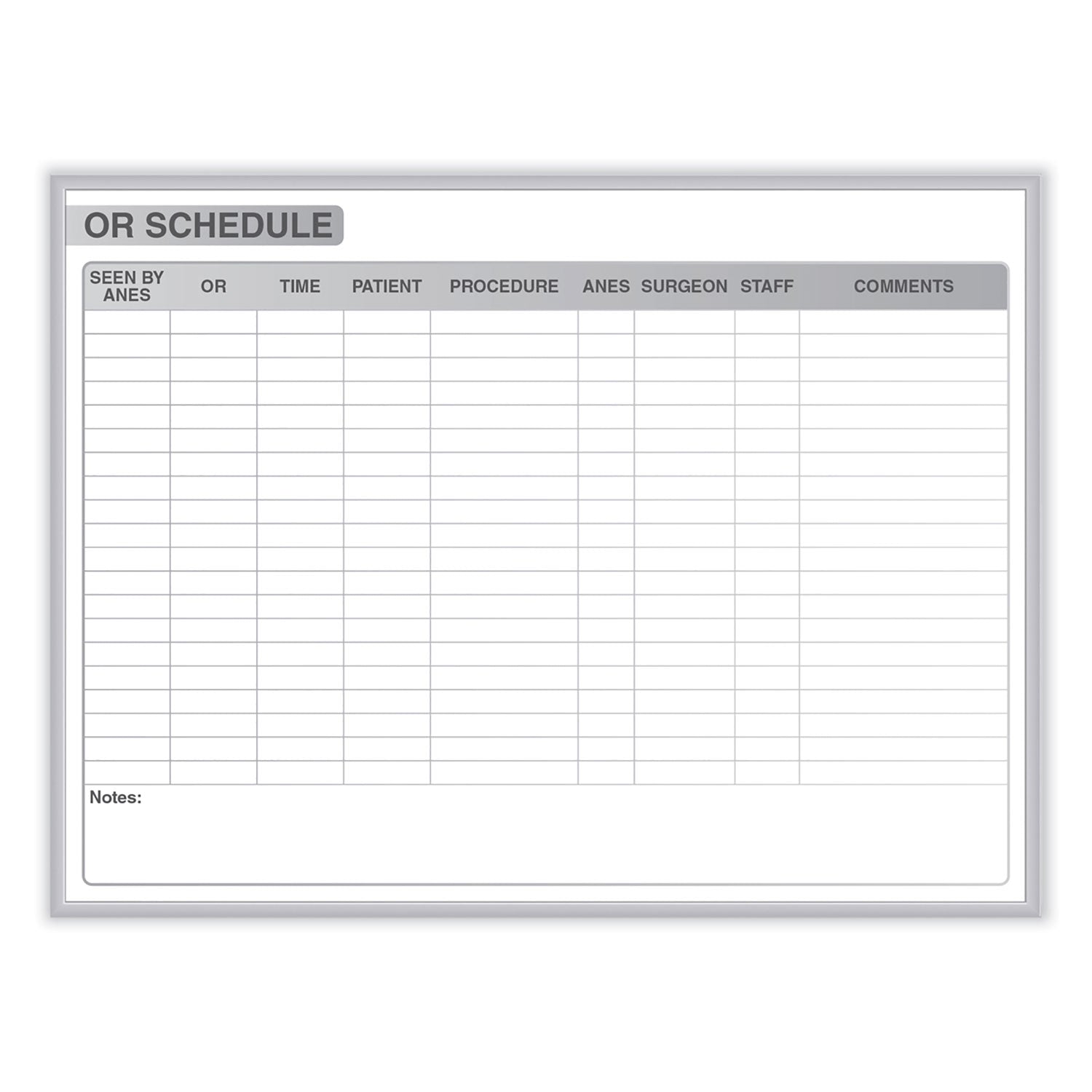 Ghent OR Schedule Magnetic Whiteboard, Operating Room Scheduling Chart, 48.5" x 36.5", White/Gray Surface, Satin Aluminum Frame