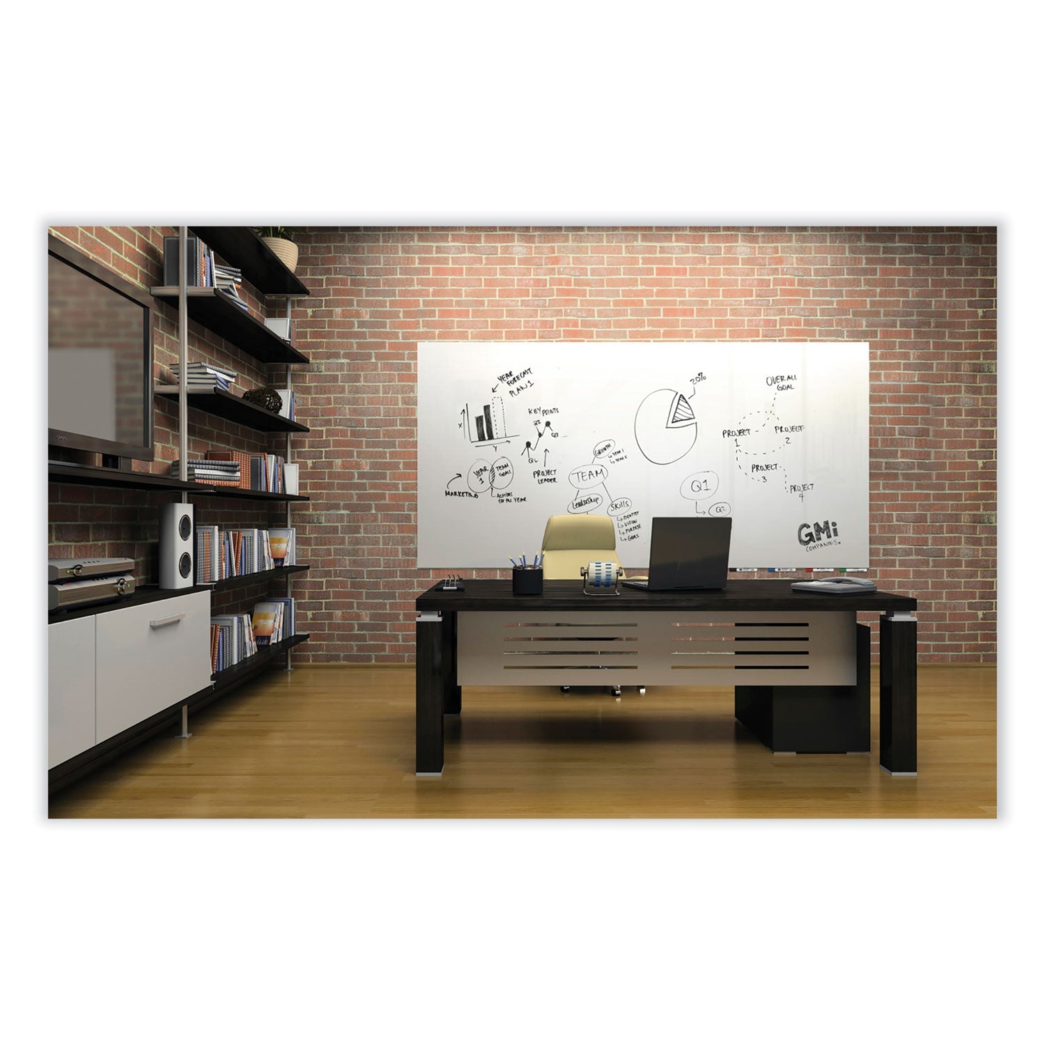 Ghent Aria Low-Profile Frameless Magnetic Glassboard, 48" x 36", White Surface