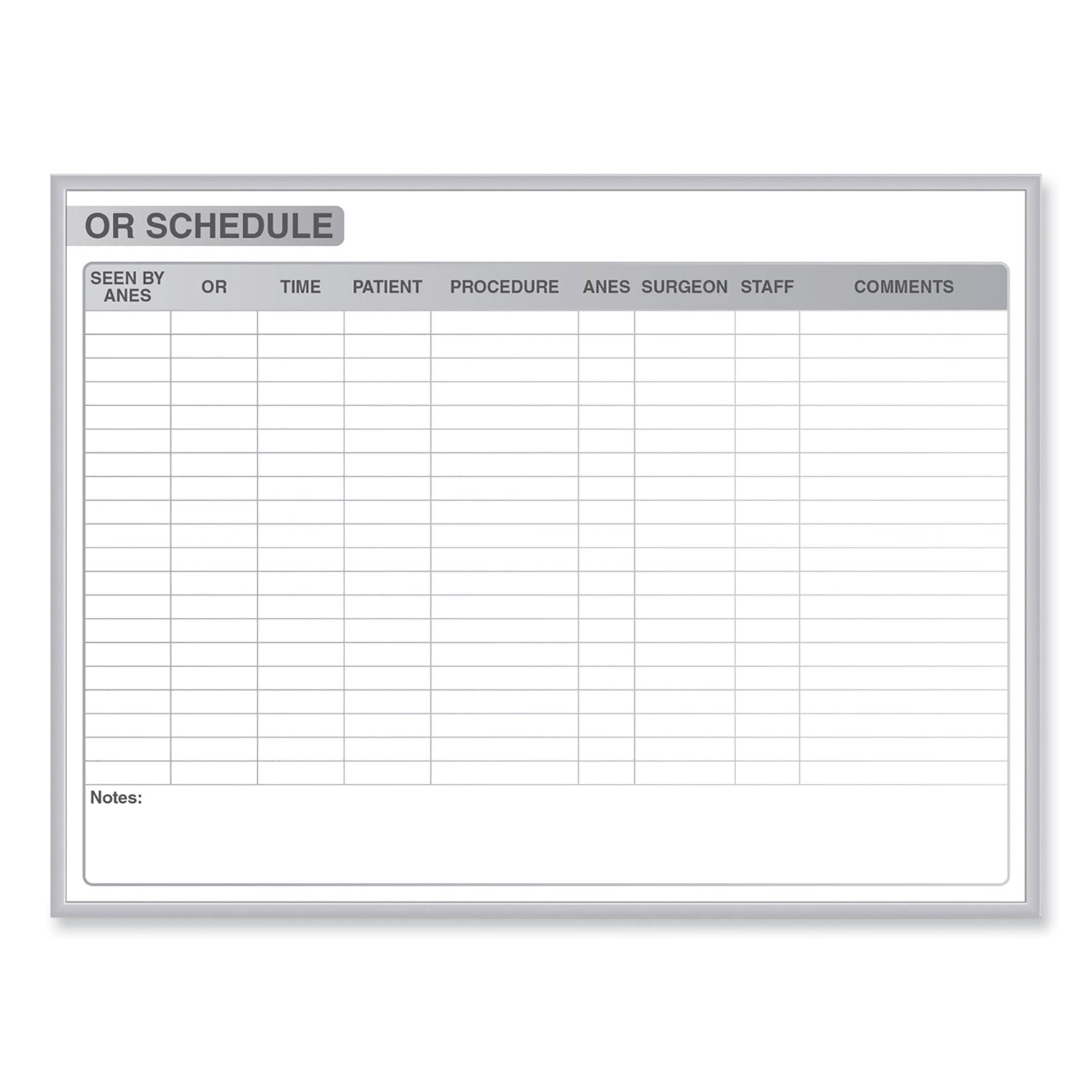 Ghent OR Schedule Magnetic Whiteboard, Operating Room Scheduling Chart, 72.5" x 48.5", White/Gray Surface, Satin Aluminum Frame