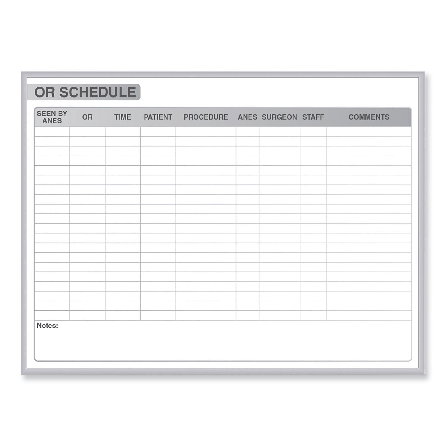 Ghent OR Schedule Magnetic Whiteboard, Operating Room Scheduling Chart, 96.5" x 48.5", White/Gray Surface, Satin Aluminum Frame