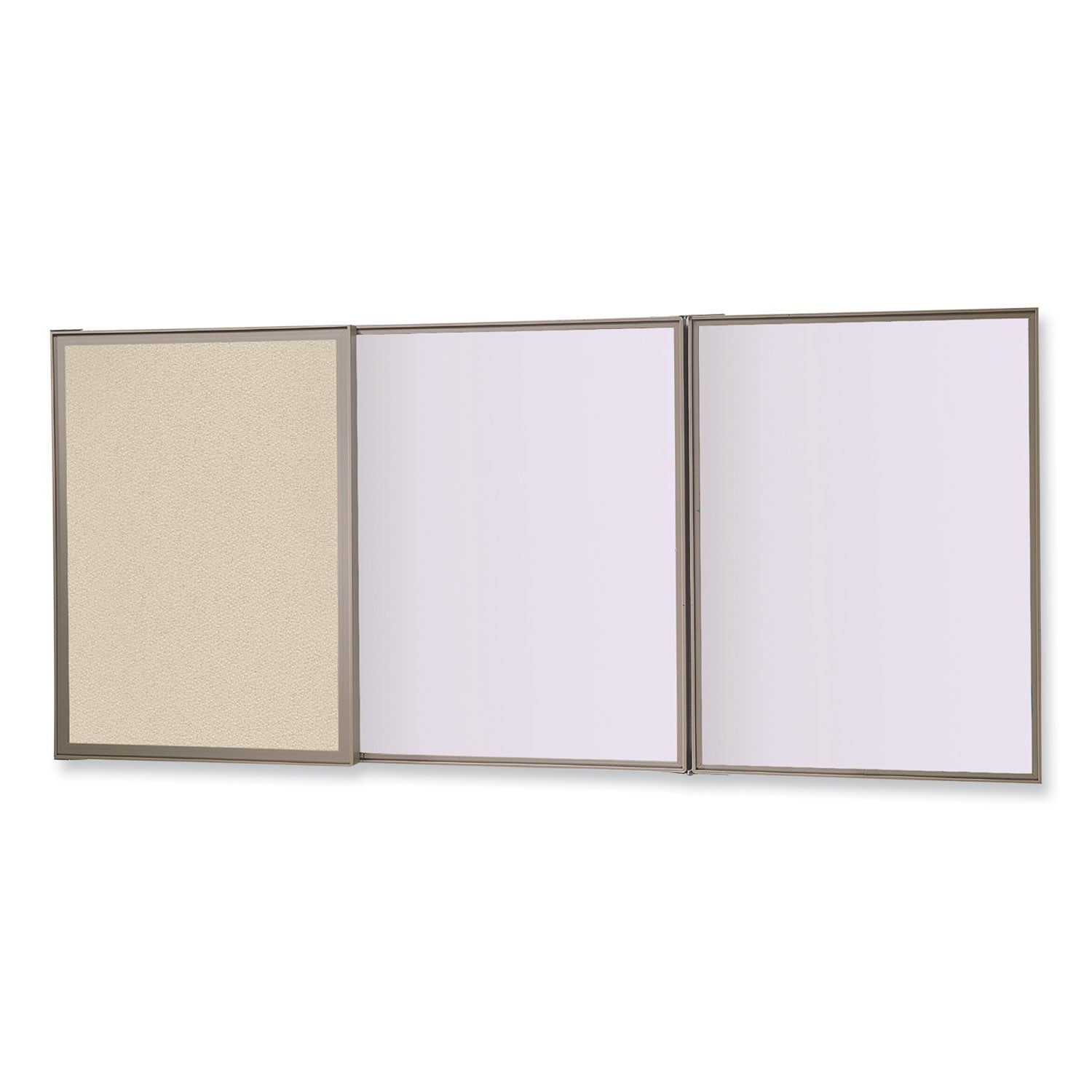 Ghent VisuALL PC Whiteboard Cabinet with Fabric Bulletin Board Exterior Doors, 36" x 24", Beige/White Surface, Satin Aluminum Frame