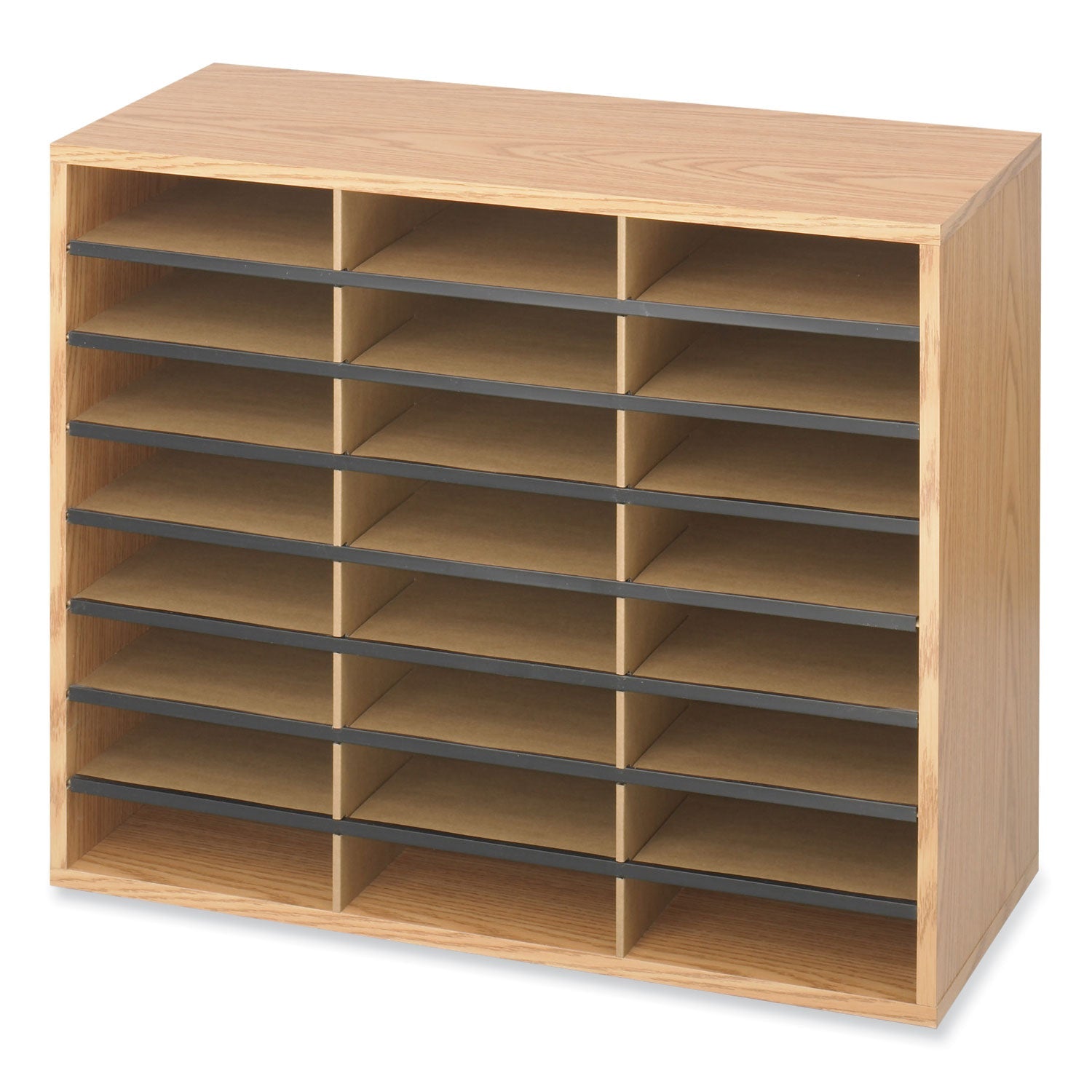 Safco® Wood/Corrugated Literature Organizer, 24 Compartments, 29 x 12 x 23.5, Medium Oak